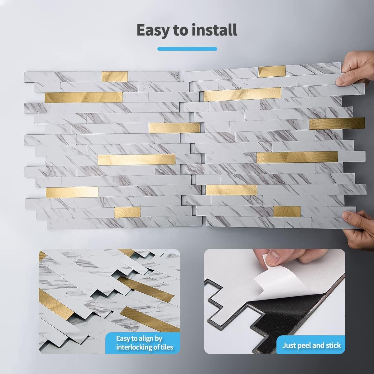 imageArt3d 10Sheet Peel and Stick Stone Overlay Kitchen Backsplash Tile  Volakas White Embellished with Metal GoldWhite Slate with Gold Studded