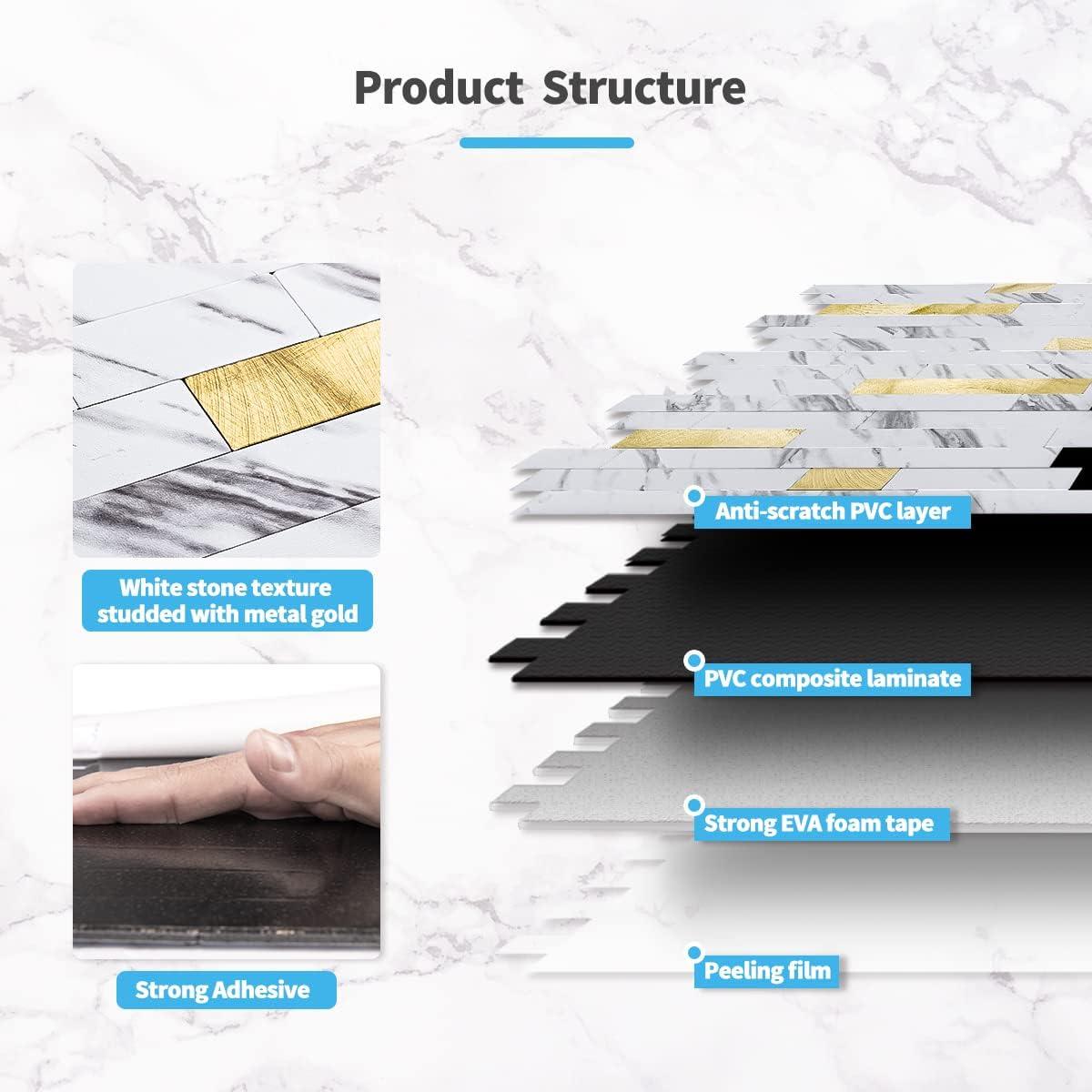 imageArt3d 10Sheet Peel and Stick Stone Overlay Kitchen Backsplash Tile  Volakas White Embellished with Metal GoldWhite Slate with Gold Studded