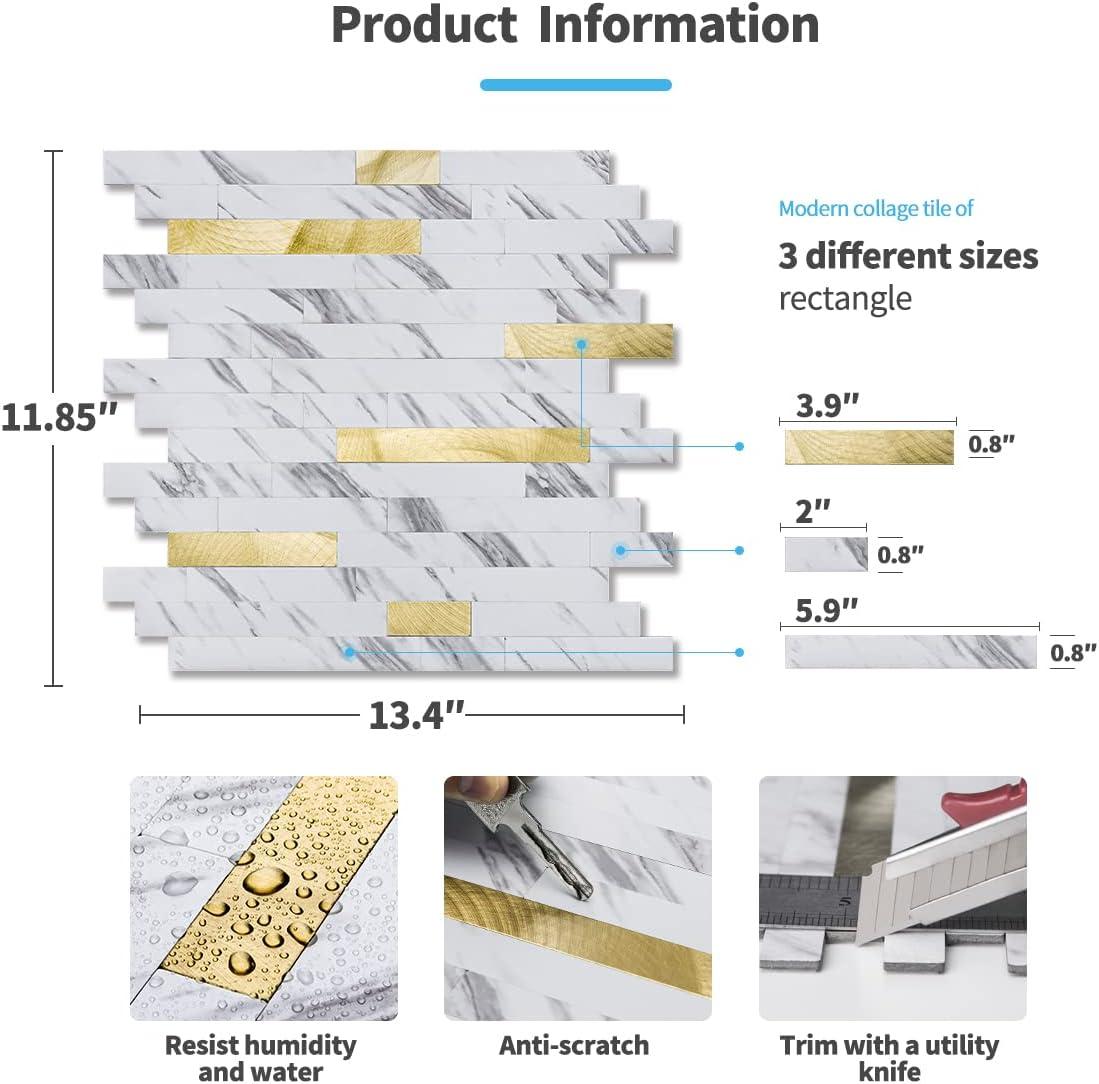 imageArt3d 10Sheet Peel and Stick Stone Overlay Kitchen Backsplash Tile  Volakas White Embellished with Metal GoldWhite Slate with Gold Studded