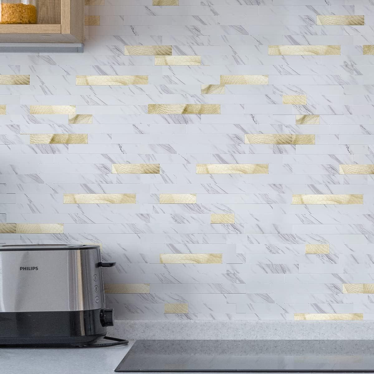 imageArt3d 10Sheet Peel and Stick Stone Overlay Kitchen Backsplash Tile  Volakas White Embellished with Metal GoldWhite Slate with Gold Studded