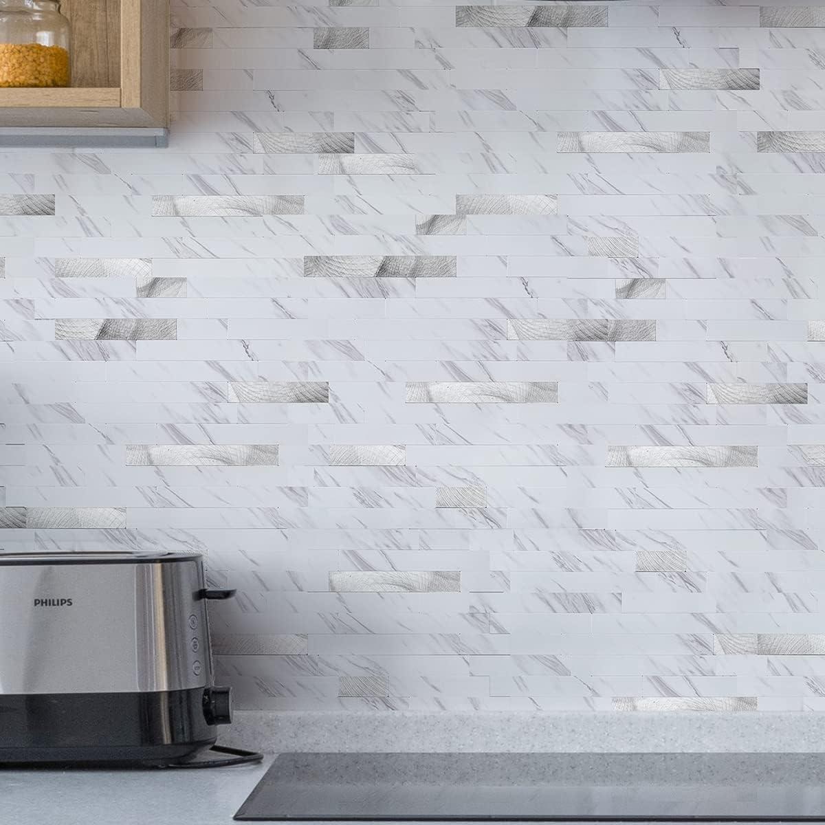 imageArt3d 10Sheet Peel and Stick Stone Overlay Kitchen Backsplash Tile  Volakas White Embellished with Metal GoldWhite Slate with Silver Studded