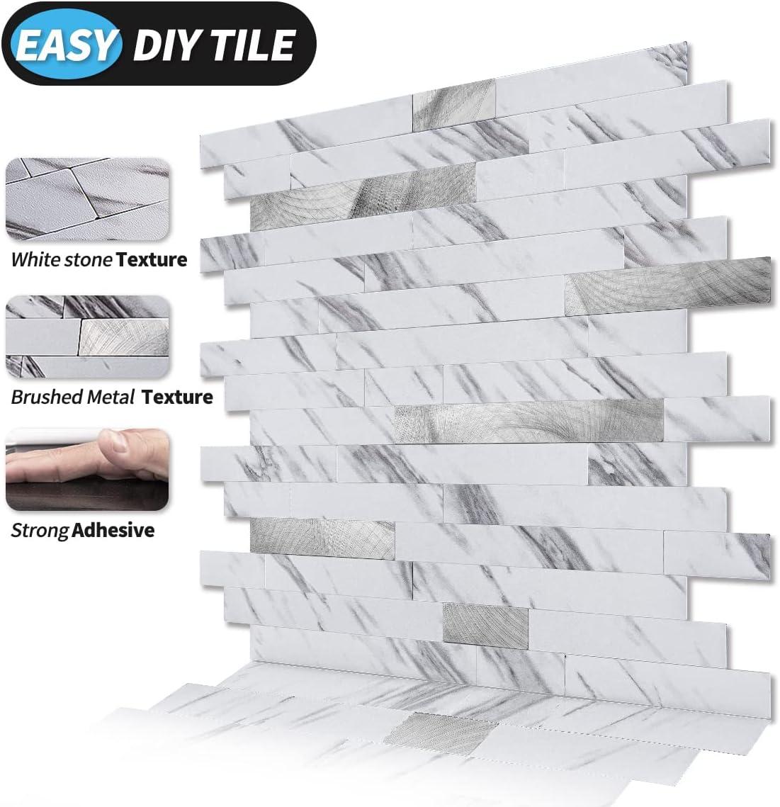 imageArt3d 10Sheet Peel and Stick Stone Overlay Kitchen Backsplash Tile  Volakas White Embellished with Metal GoldWhite Slate with Silver Studded