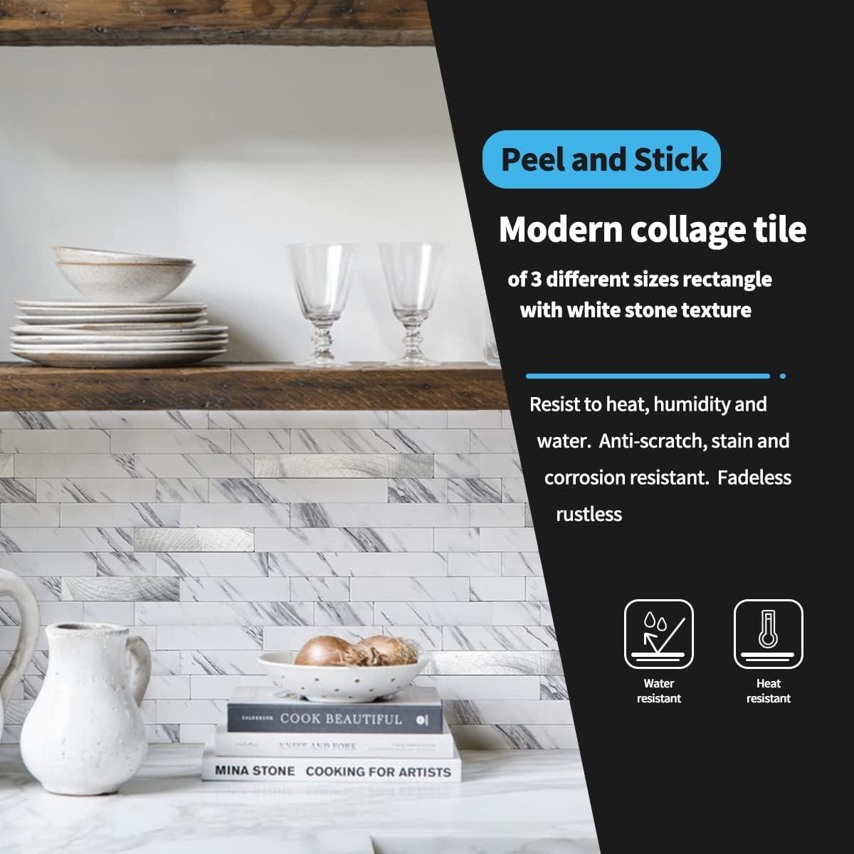 imageArt3d 10Sheet Peel and Stick Stone Overlay Kitchen Backsplash Tile  Volakas White Embellished with Metal GoldWhite Slate with Silver Studded