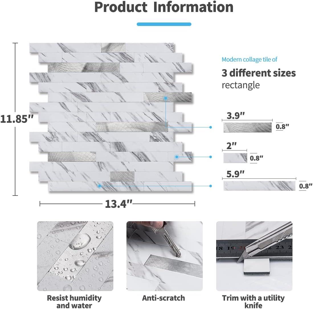 imageArt3d 10Sheet Peel and Stick Stone Overlay Kitchen Backsplash Tile  Volakas White Embellished with Metal GoldWhite Slate with Silver Studded
