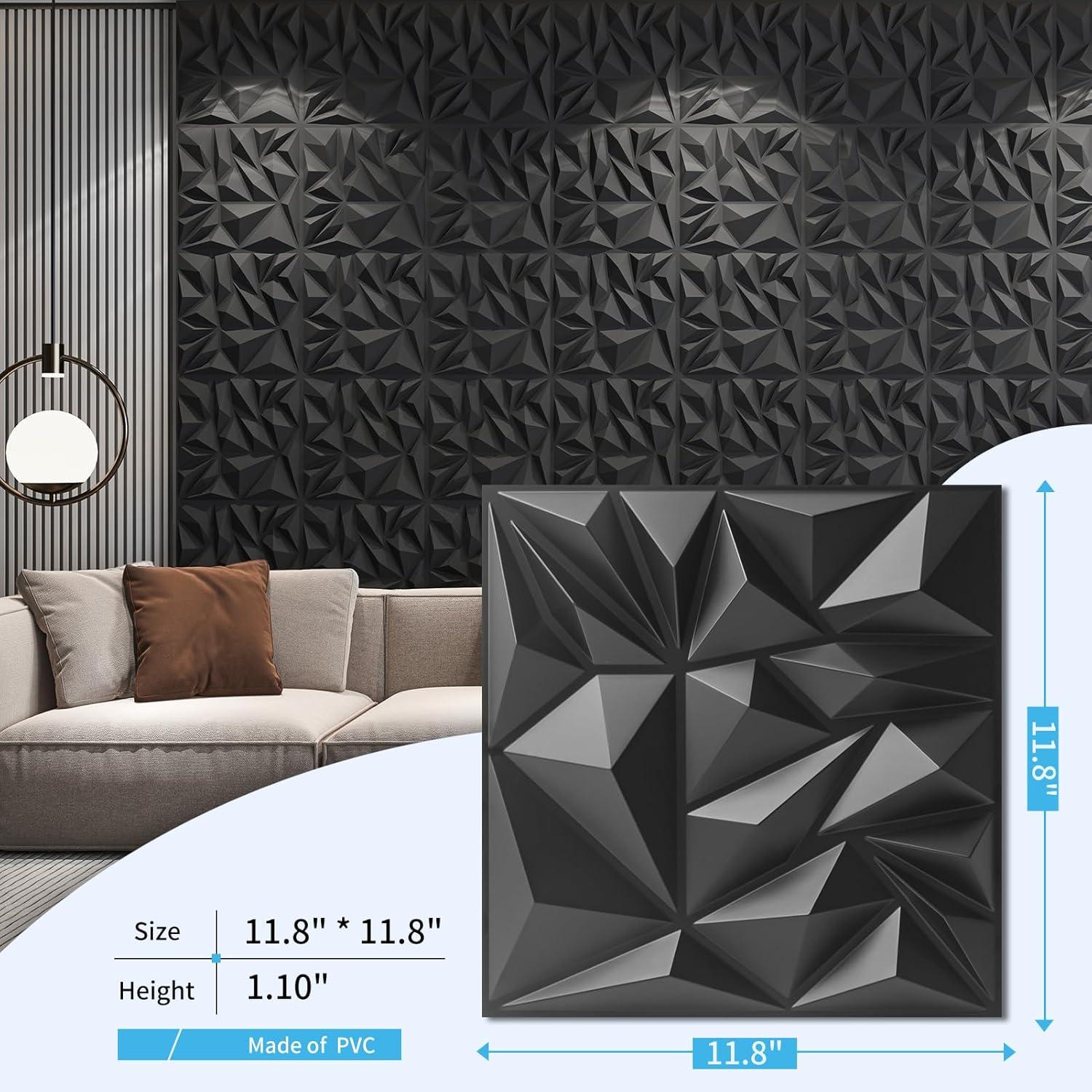 imageArt3d 33Pack 3D Wall Panels for Interior Wall Decor Modern Diamond Textured Accent Wall Paneling for Gaming Living Room TV Wall Background 12 x 12 inch White A10342Black