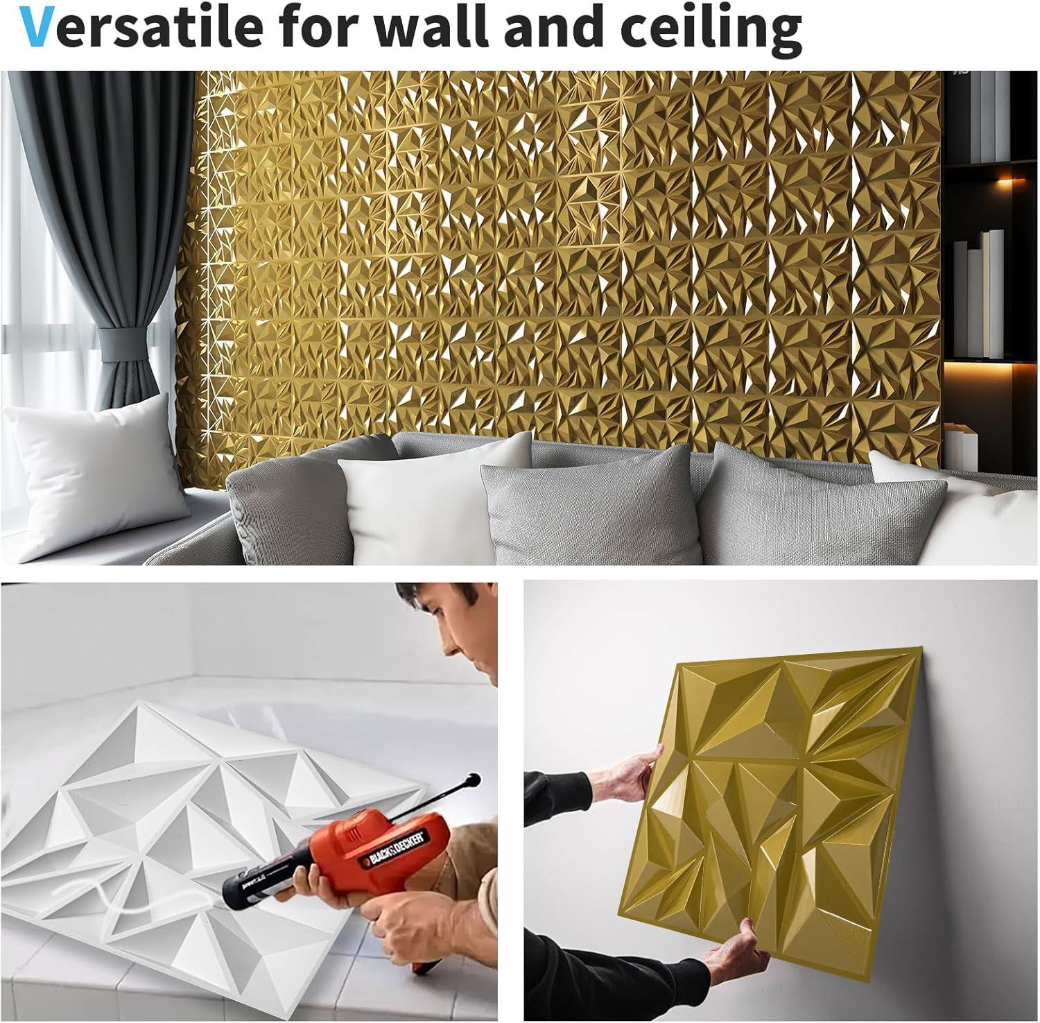 imageArt3d 33Pack 3D Wall Panels for Interior Wall Decor Modern Diamond Textured Accent Wall Paneling for Gaming Living Room TV Wall Background 12 x 12 inch White A10342Gold