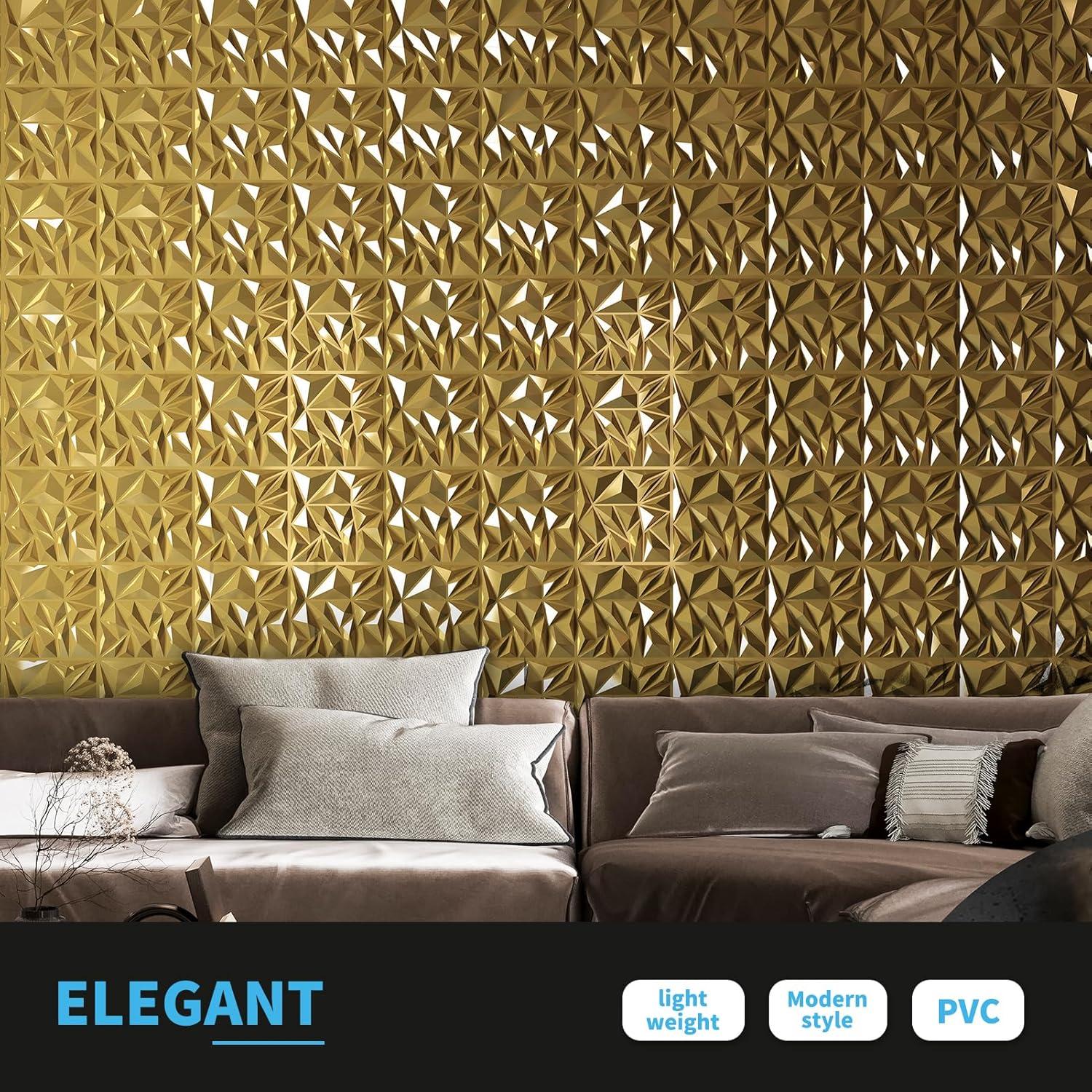 imageArt3d 33Pack 3D Wall Panels for Interior Wall Decor Modern Diamond Textured Accent Wall Paneling for Gaming Living Room TV Wall Background 12 x 12 inch White A10342Gold