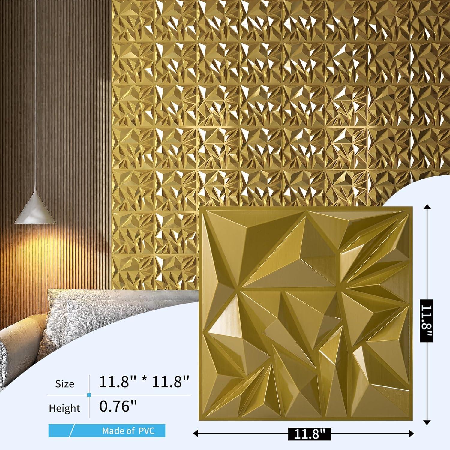 imageArt3d 33Pack 3D Wall Panels for Interior Wall Decor Modern Diamond Textured Accent Wall Paneling for Gaming Living Room TV Wall Background 12 x 12 inch White A10342Gold