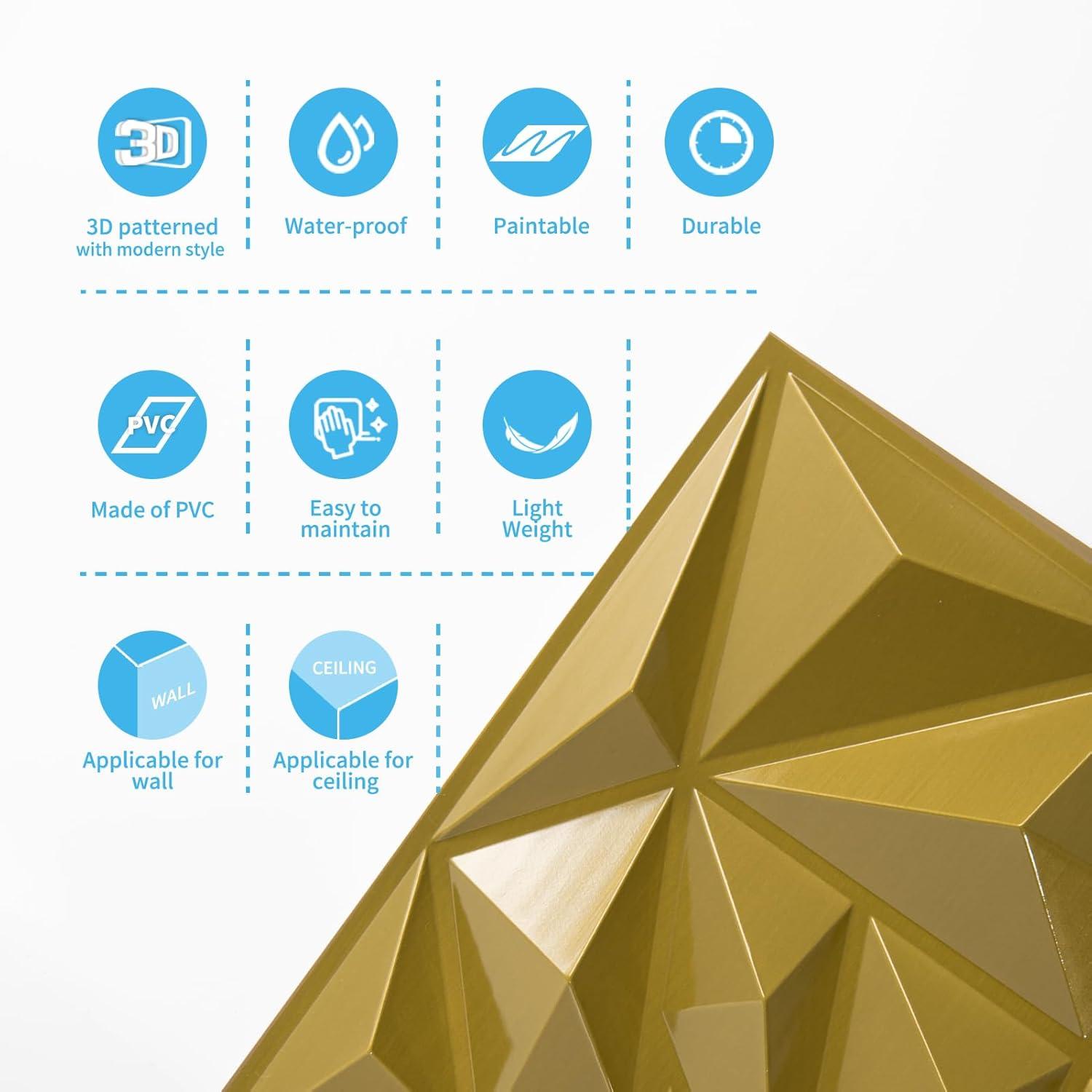 imageArt3d 33Pack 3D Wall Panels for Interior Wall Decor Modern Diamond Textured Accent Wall Paneling for Gaming Living Room TV Wall Background 12 x 12 inch White A10342Gold