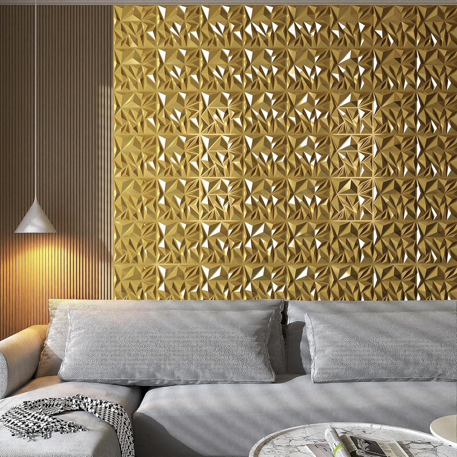 imageArt3d 33Pack 3D Wall Panels for Interior Wall Decor Modern Diamond Textured Accent Wall Paneling for Gaming Living Room TV Wall Background 12 x 12 inch White A10342Gold