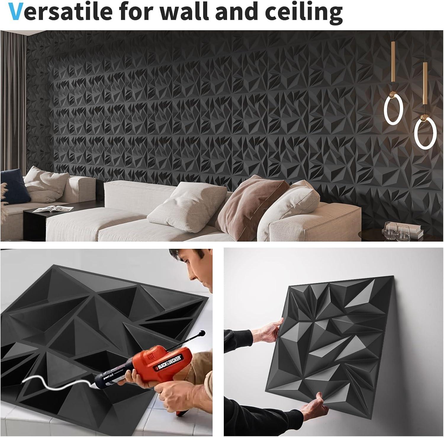 imageArt3d 33Pack 3D Wall Panels for Interior Wall Decor Modern Diamond Textured Accent Wall Paneling for Gaming Living Room TV Wall Background 12 x 12 inch White A10342Black