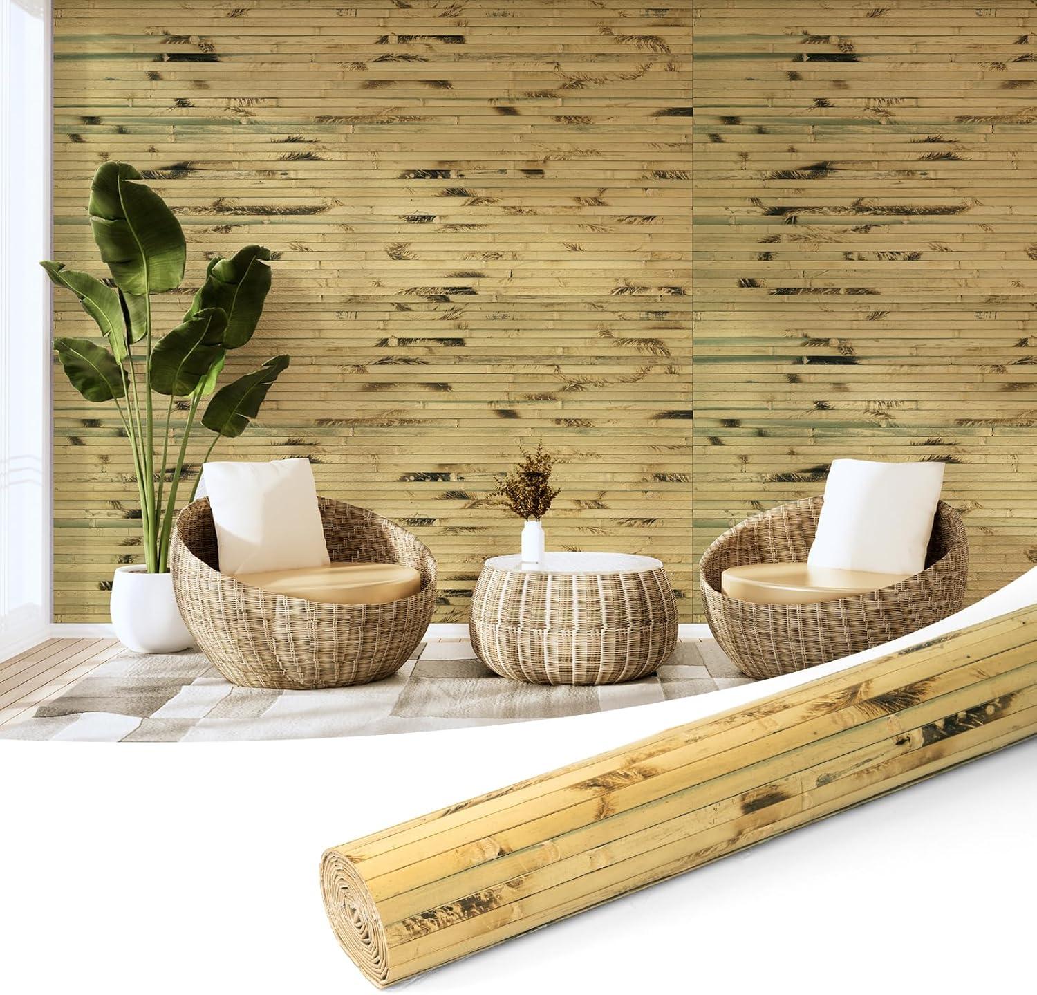 imageArt3d 48 x 96 Inch Natural Bamboo Wall Panel for Interior Wall Decor Flexible Pole Wrap Wainscoting Wall Cladding Paneling for Living Room Bedroom Office Kitchen Island LightcarbonizedLight Burned
