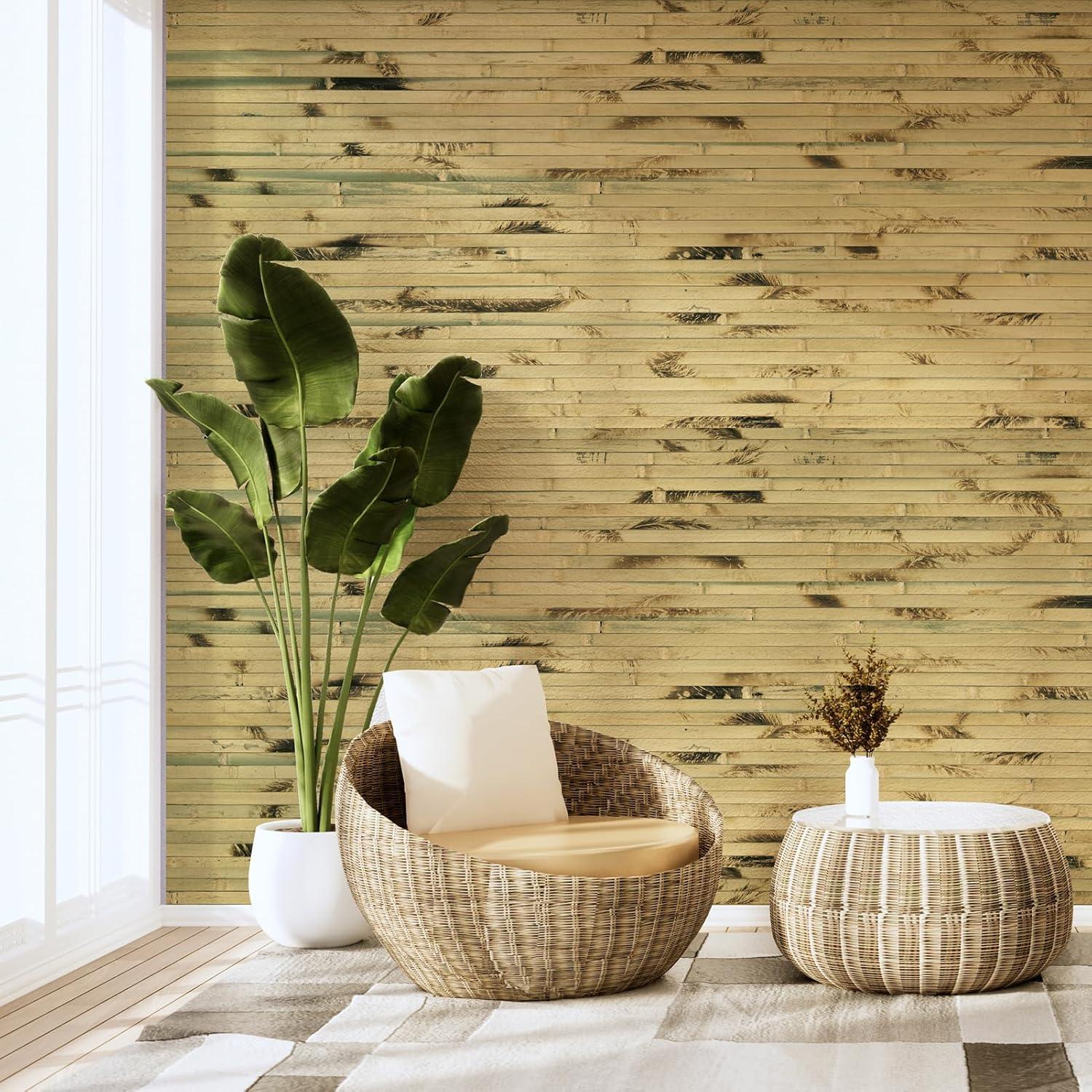 imageArt3d 48 x 96 Inch Natural Bamboo Wall Panel for Interior Wall Decor Flexible Pole Wrap Wainscoting Wall Cladding Paneling for Living Room Bedroom Office Kitchen Island LightcarbonizedLight Burned