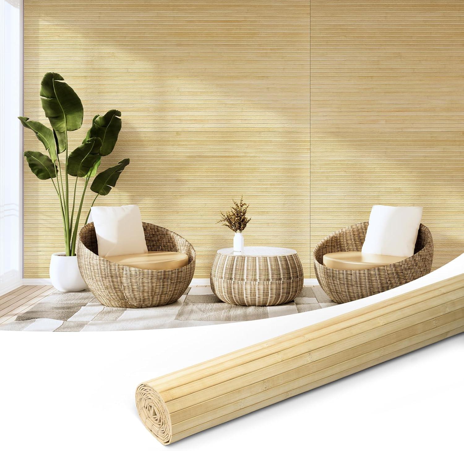 imageArt3d 48 x 96 Inch Natural Bamboo Wall Panel for Interior Wall Decor Flexible Pole Wrap Wainscoting Wall Cladding Paneling for Living Room Bedroom Office Kitchen Island LightcarbonizedRaw