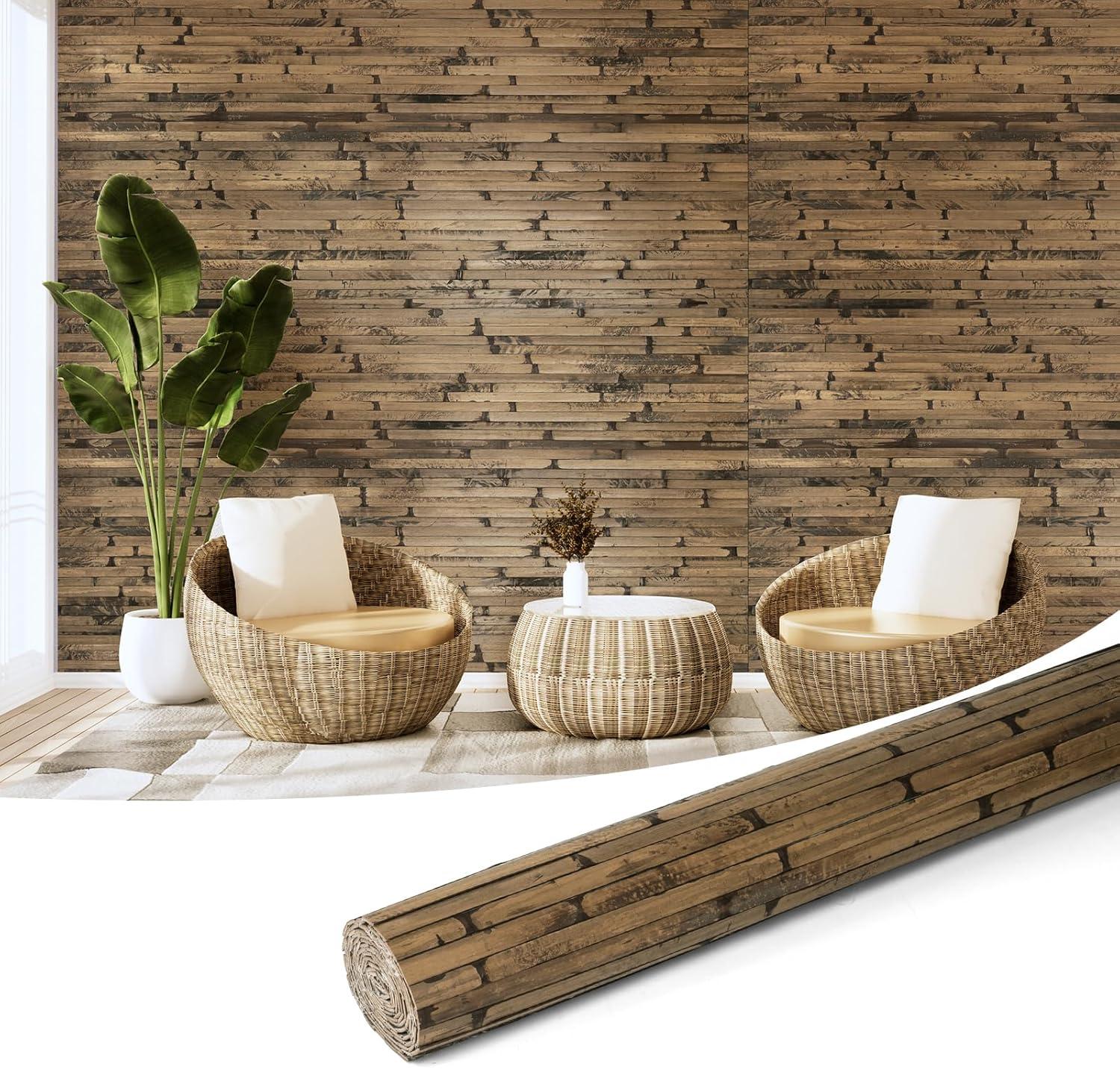 imageArt3d 48 x 96 Inch Natural Bamboo Wall Panel for Interior Wall Decor Flexible Pole Wrap Wainscoting Wall Cladding Paneling for Living Room Bedroom Office Kitchen Island LightcarbonizedDark Burned