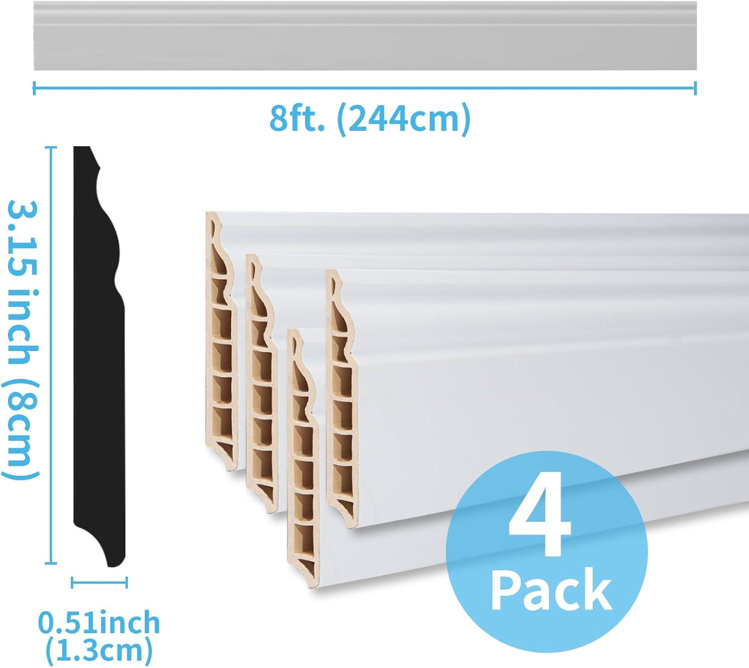 imageArt3d 4Pack Wall Baseboard Molding Trim 8 ft Each HighImpact Polystyrene Skirting Board Durable Paintable ampamp MoistureResistantEasy DIY Installation for Home ampamp Office Total Length 32 ft WhitePure White