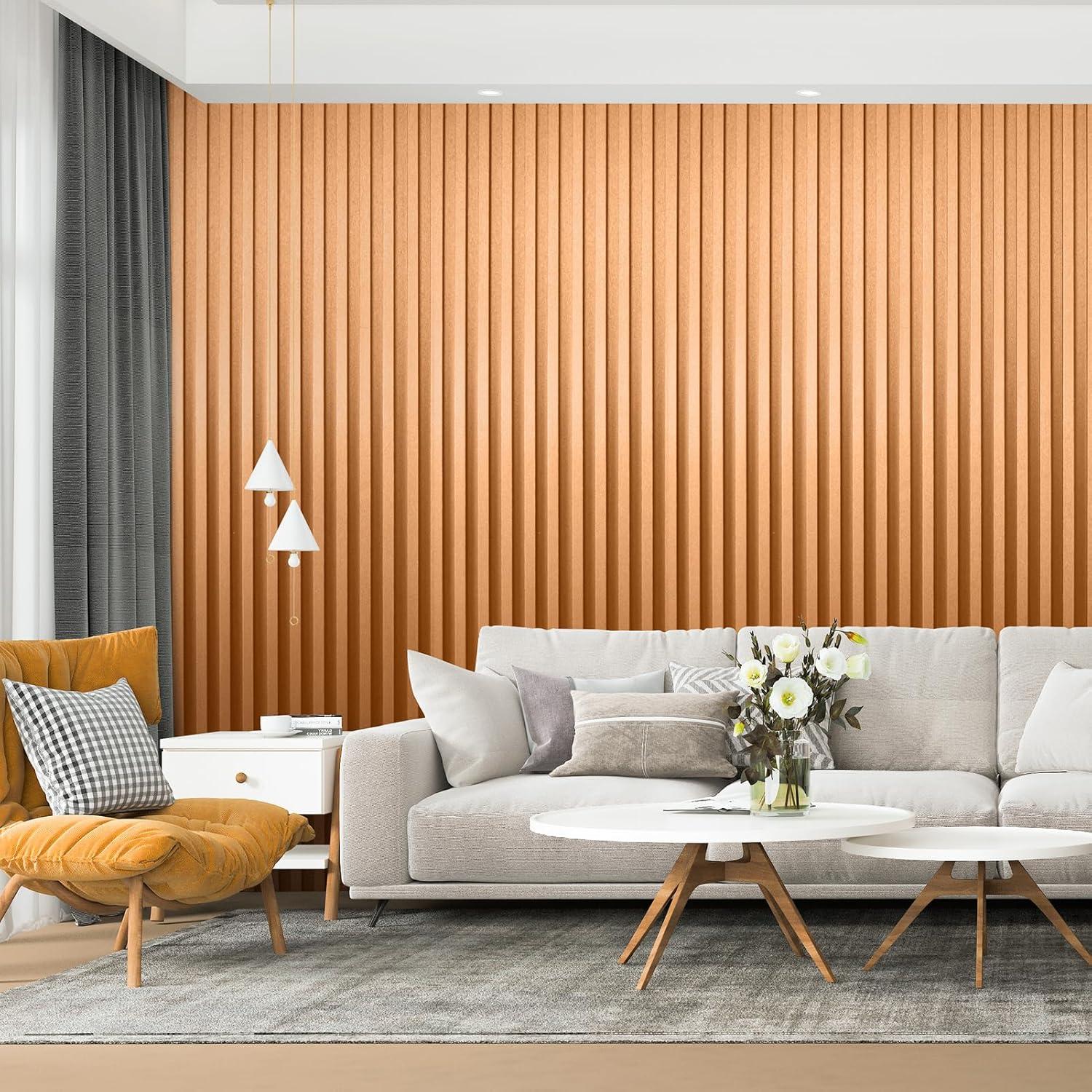 imageArt3d 8 Pack 96quot x 6quot WPC Slat Wall Panels 3D Fluted Panel for Interior Wall Decor TV Background Bedroom Living Room  Gray OakSparkling GoldSquare