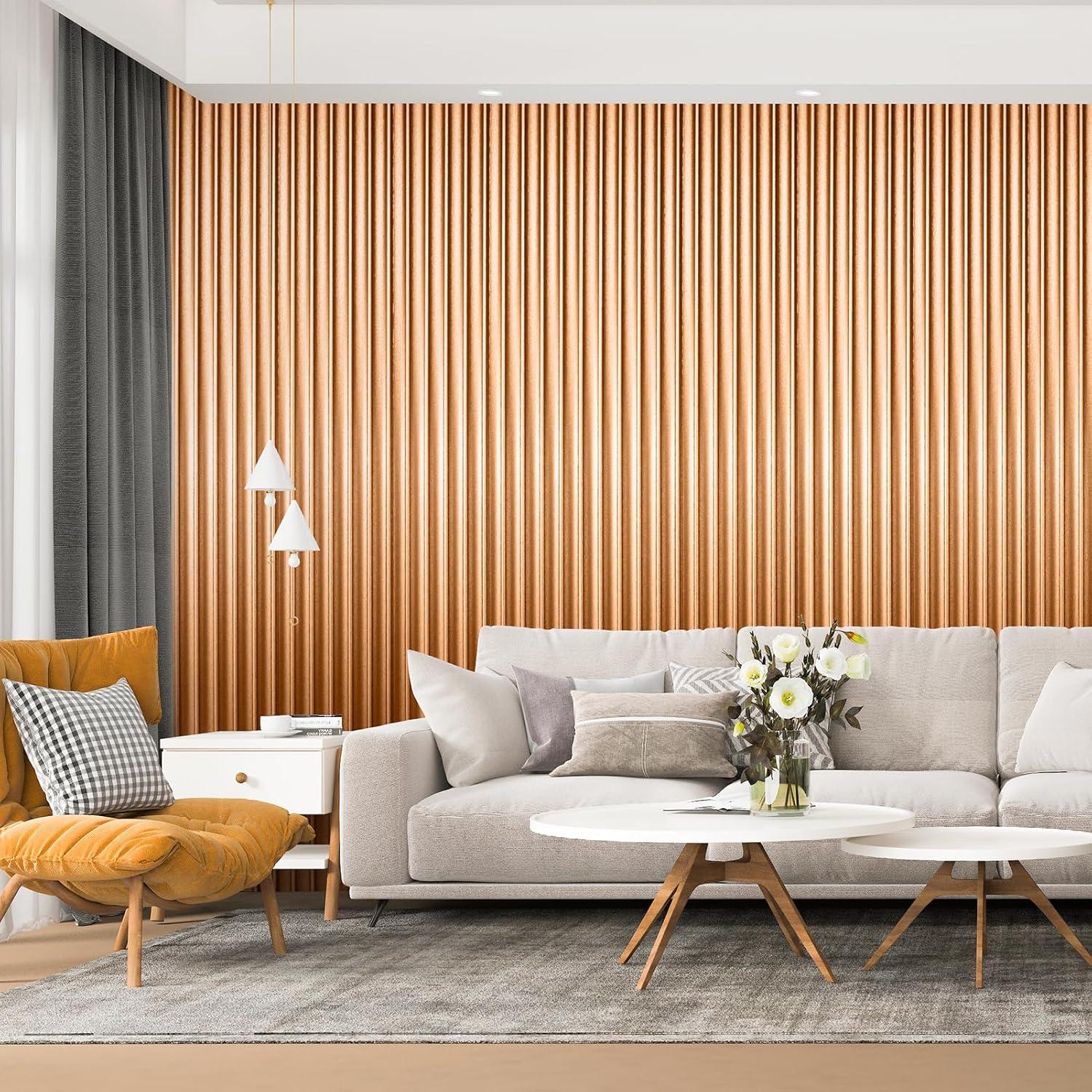 imageArt3d 8 Pack 96quot x 6quot WPC Slat Wall Panels 3D Fluted Panel for Interior Wall Decor TV Background Bedroom Living Room  Gray OakSparkling GoldWavy