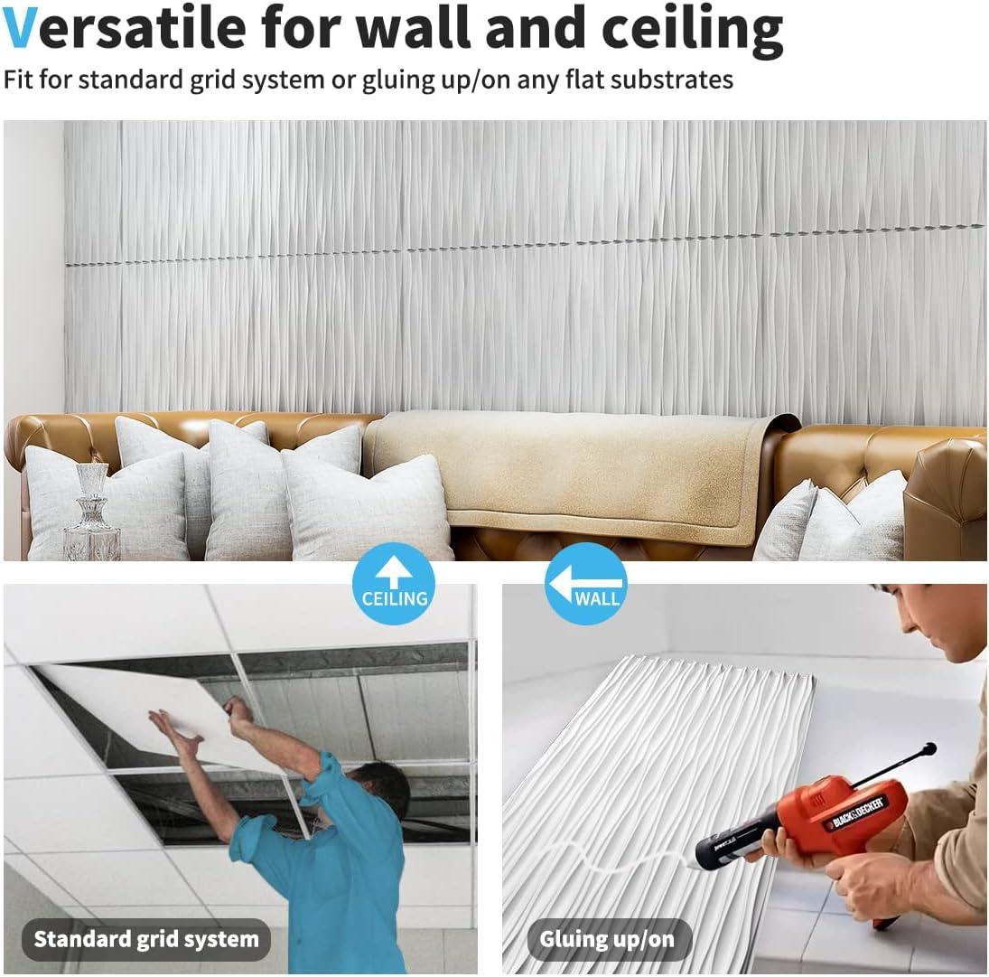 imageArt3d Black Large PVC 3D Wall Panels for Interior Wall Dcor Drop Ceiling Tile 2x4 3D Textured Wavy Wall Panels Decorative Pack of 6 Tiles472quot236quotWhite