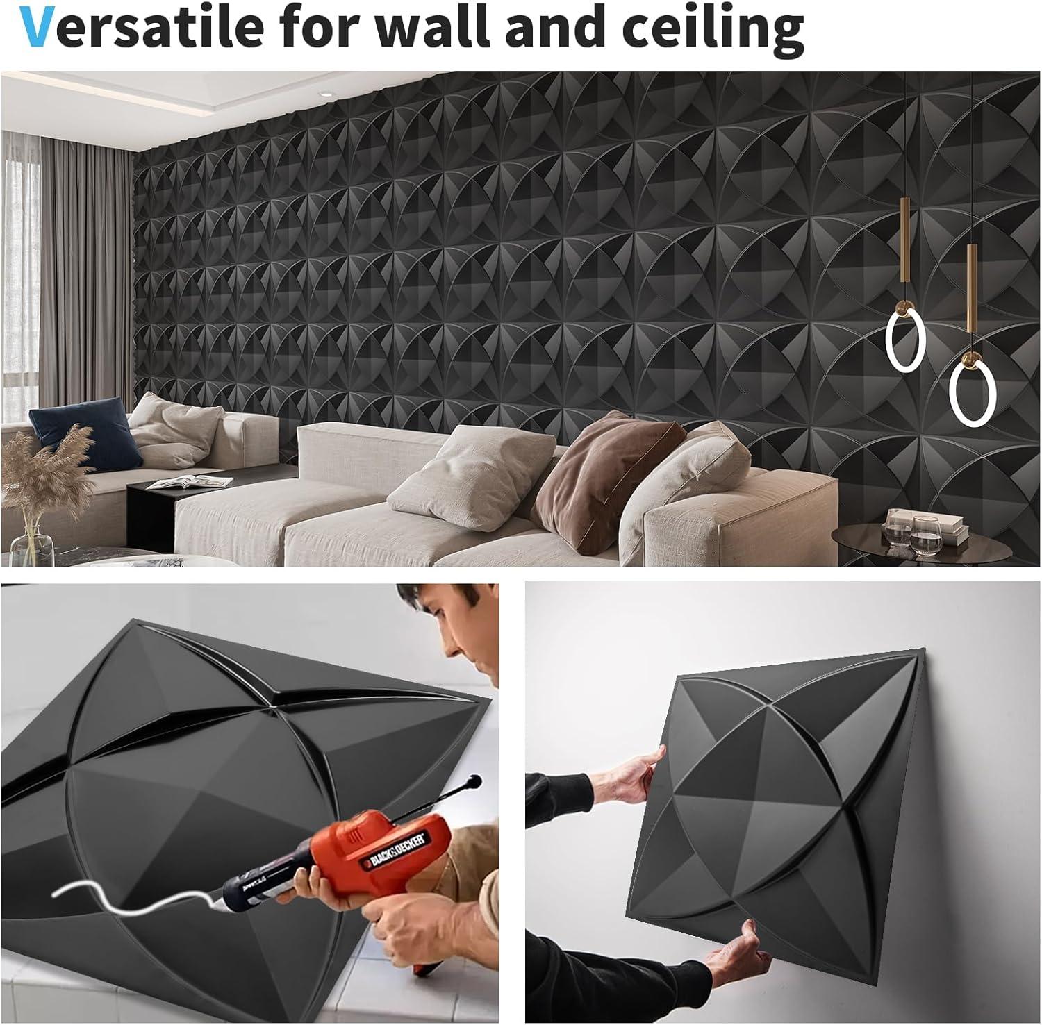 imageArt3d Decorative Textured PVC 3D Wall Panels for Interior Wall Decor in Living Room Bedroom in White Pack of 33 Tiles 32SqFtBlack