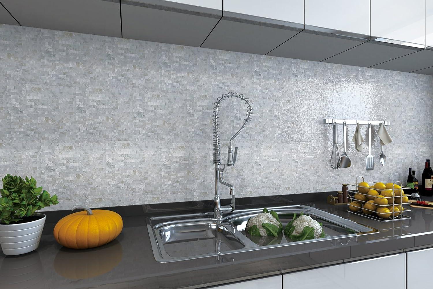 imageArt3d Mother of Pearl Shell Mini Square Seamless Mosaic Tile for Kitchen Backsplash White 12quot L X 12quot WSmoke Gray