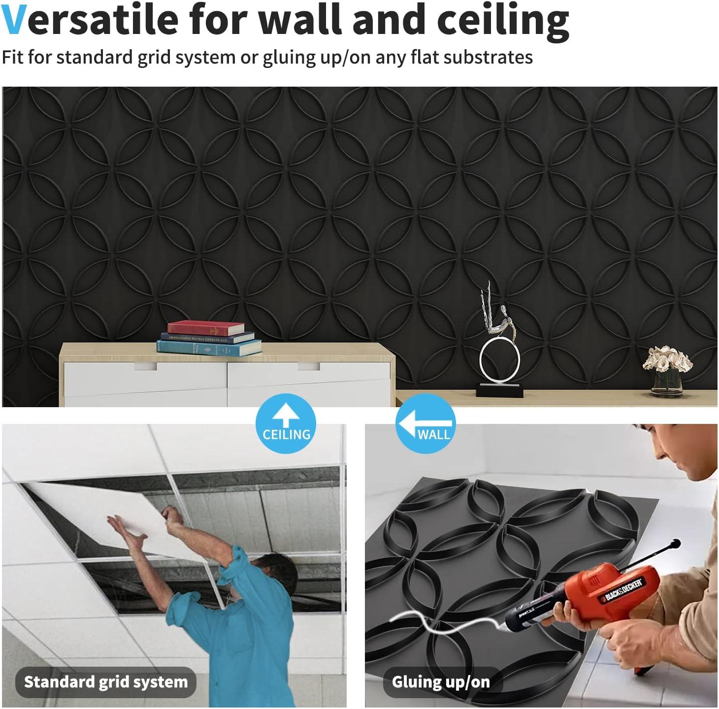 imageArt3d PVC 3D Wall Panel Interlocked Circles in Matt Black Cover 32 Sqft for Interior Ceiling and Wall Decor for Residential or Commerical 197197 A10048BKBlack