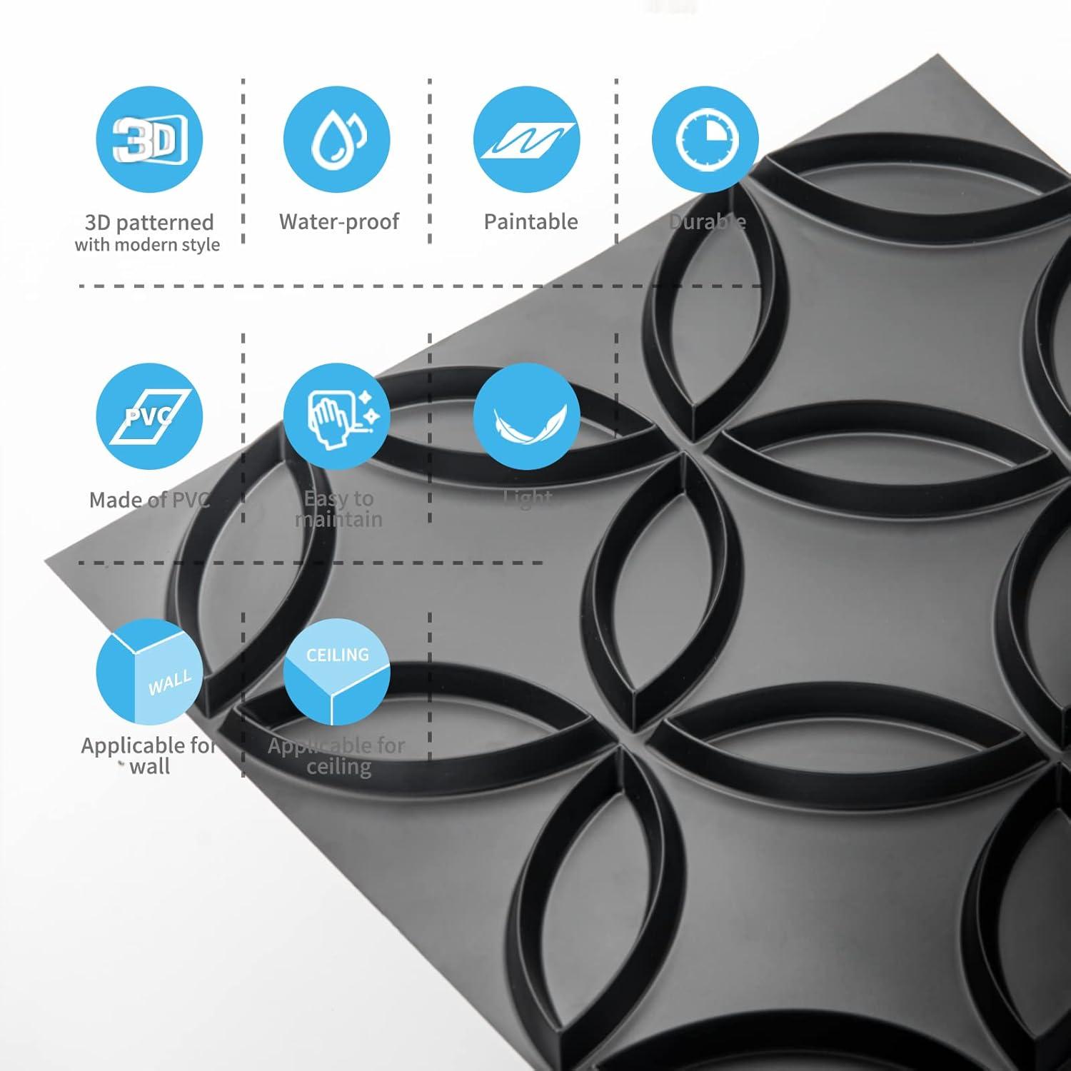imageArt3d PVC 3D Wall Panel Interlocked Circles in Matt Black Cover 32 Sqft for Interior Ceiling and Wall Decor for Residential or Commerical 197197 A10048BKBlack