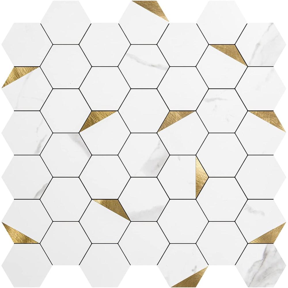 imageArt3d 10Sheet Peel and Stick Backsplash for Kitchen Dcor SelfAdhesive Tile Hexagon Mosaic TilesGold Studded