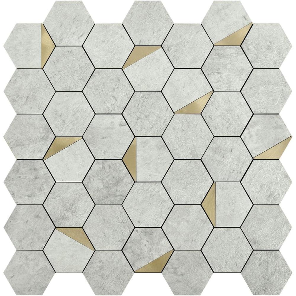 imageArt3d 10Sheet Peel and Stick Backsplash for Kitchen Dcor SelfAdhesive Tile Hexagon Mosaic TilesGray with Gold Metal