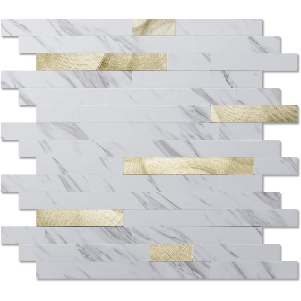imageArt3d 10Sheet Peel and Stick Stone Overlay Kitchen Backsplash Tile  Volakas White Embellished with Metal GoldWhite Slate with Gold Studded