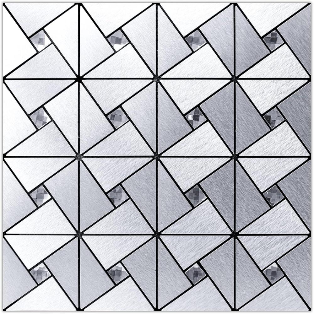 imageArt3d 10Sheet Peel and Stick Backsplash Metal Mosaic Tiles for Kitchen Wall Decor Stick on Aluminum Composite Tiles Stikers Silver Windmill Puzzle Glass Mixed