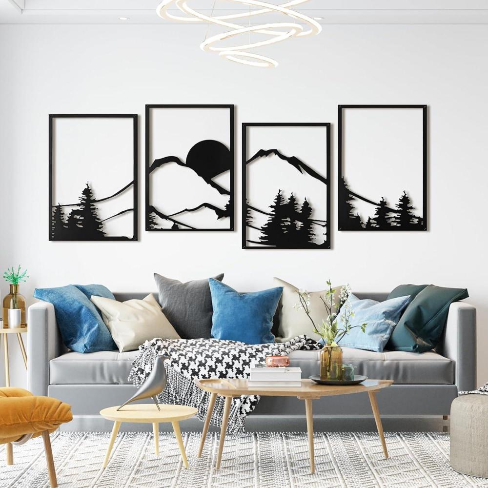 imageArt3d Black Metal Wall art 4 Pieces Wall Decor for Living Room Bedroom Hallway Hotel Natural Mountain Pattern Wall Art Style Line Art Wall DcorBlackMountain