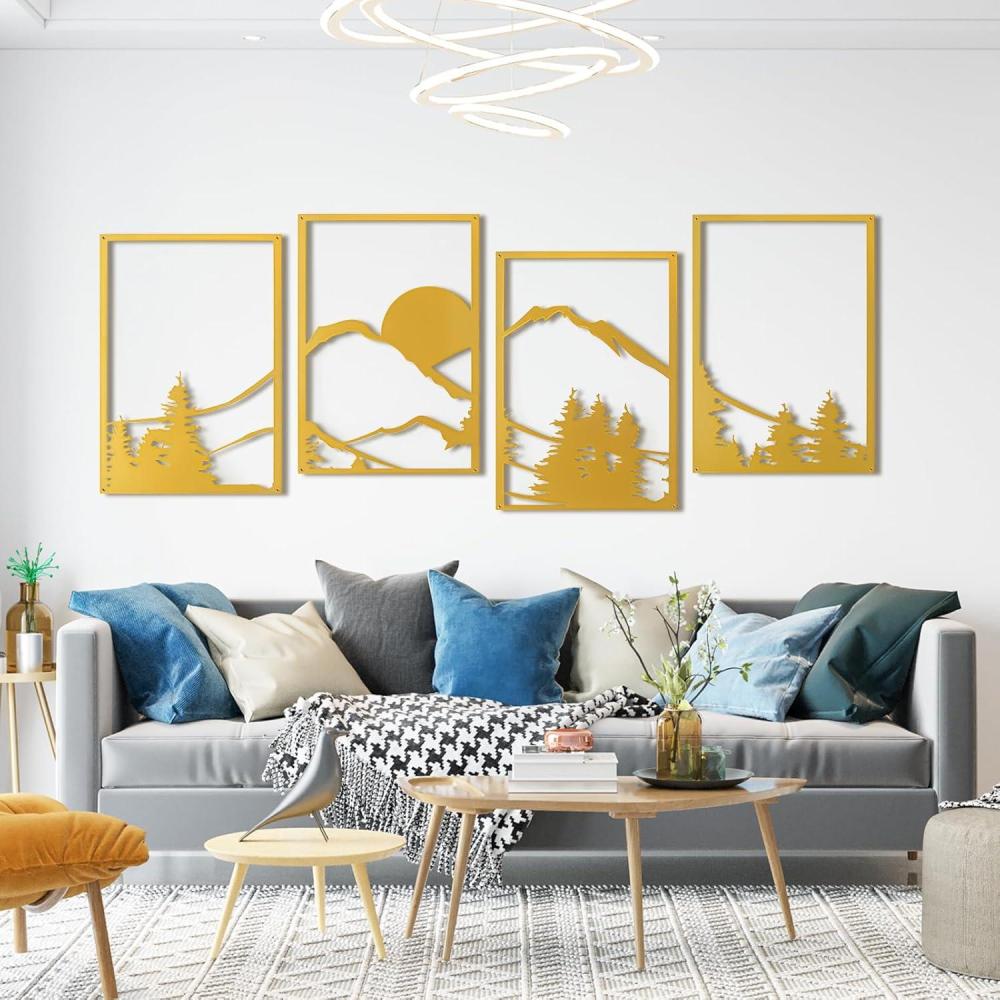 imageArt3d Black Metal Wall art 4 Pieces Wall Decor for Living Room Bedroom Hallway Hotel Natural Mountain Pattern Wall Art Style Line Art Wall DcorGoldMountain