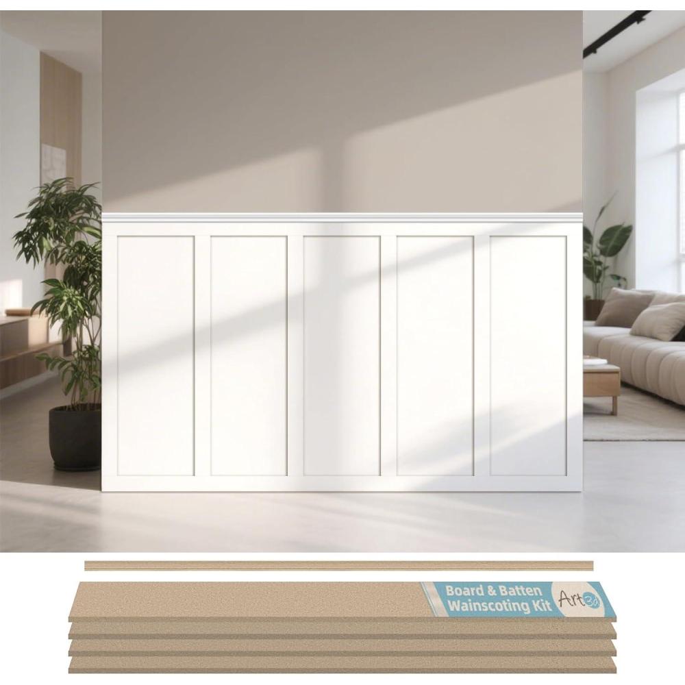imageArt3d Premade Board and Batten Paintable Wainscoting Kit MDF Accent Wall Panel for Kitchen Bedroom Living Room Home Decor Covers 189 x 54 in Molding Trim Slat with Edge StripLog Color