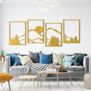 imageArt3d Black Metal Wall art 4 Pieces Wall Decor for Living Room Bedroom Hallway Hotel Natural Mountain Pattern Wall Art Style Line Art Wall DcorGoldMountain