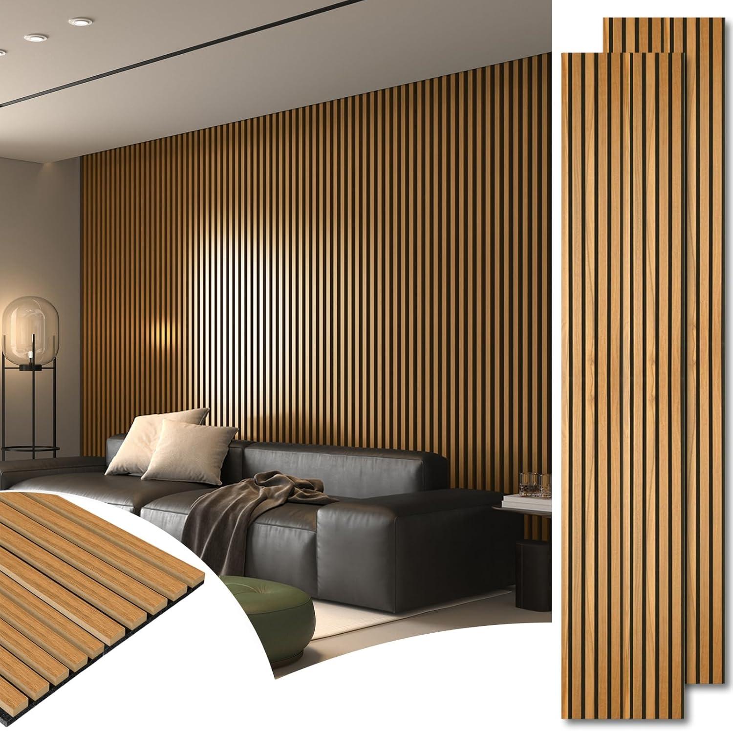 imageArt3d 4Pack 945 x 79 inch Acoustic Wood Slat Wall Panels for Interior Decor 3D Fluted Sound Absorbing Wood Paneling for Accent Wall Ceiling Kitchen Living Room Bedroom Office Warm TeakTeak