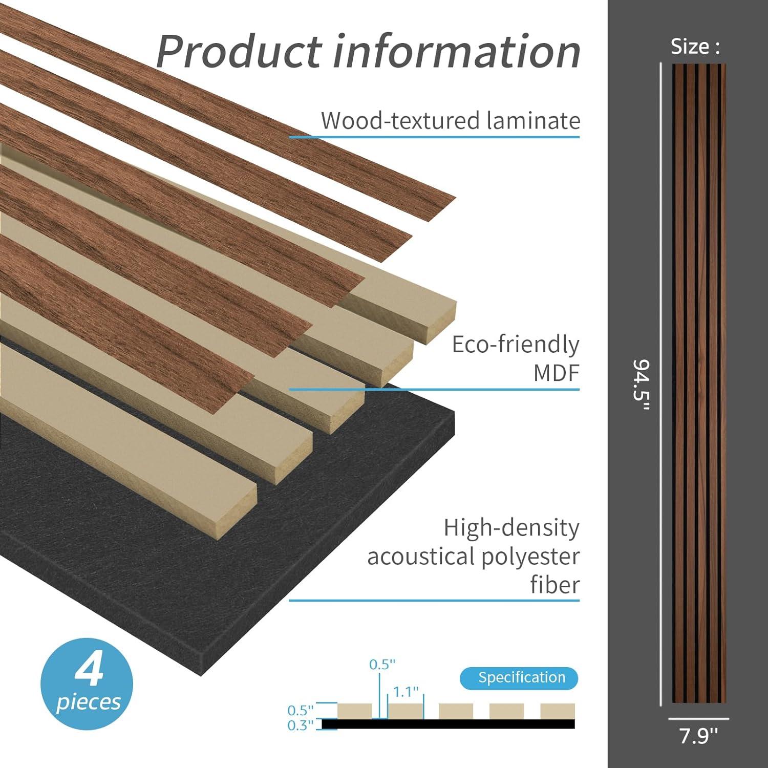 imageArt3d 4Pack 945 x 79 inch Acoustic Wood Slat Wall Panels for Interior Decor 3D Fluted Sound Absorbing Wood Paneling for Accent Wall Ceiling Kitchen Living Room Bedroom Office Warm TeakDark Walnut