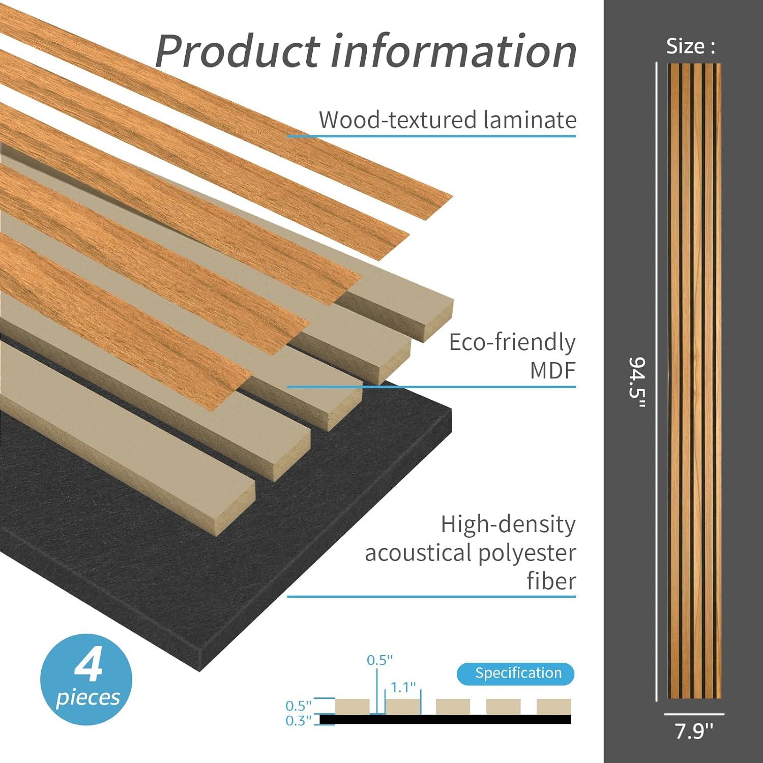imageArt3d 4Pack 945 x 79 inch Acoustic Wood Slat Wall Panels for Interior Decor 3D Fluted Sound Absorbing Wood Paneling for Accent Wall Ceiling Kitchen Living Room Bedroom Office Warm TeakTeak
