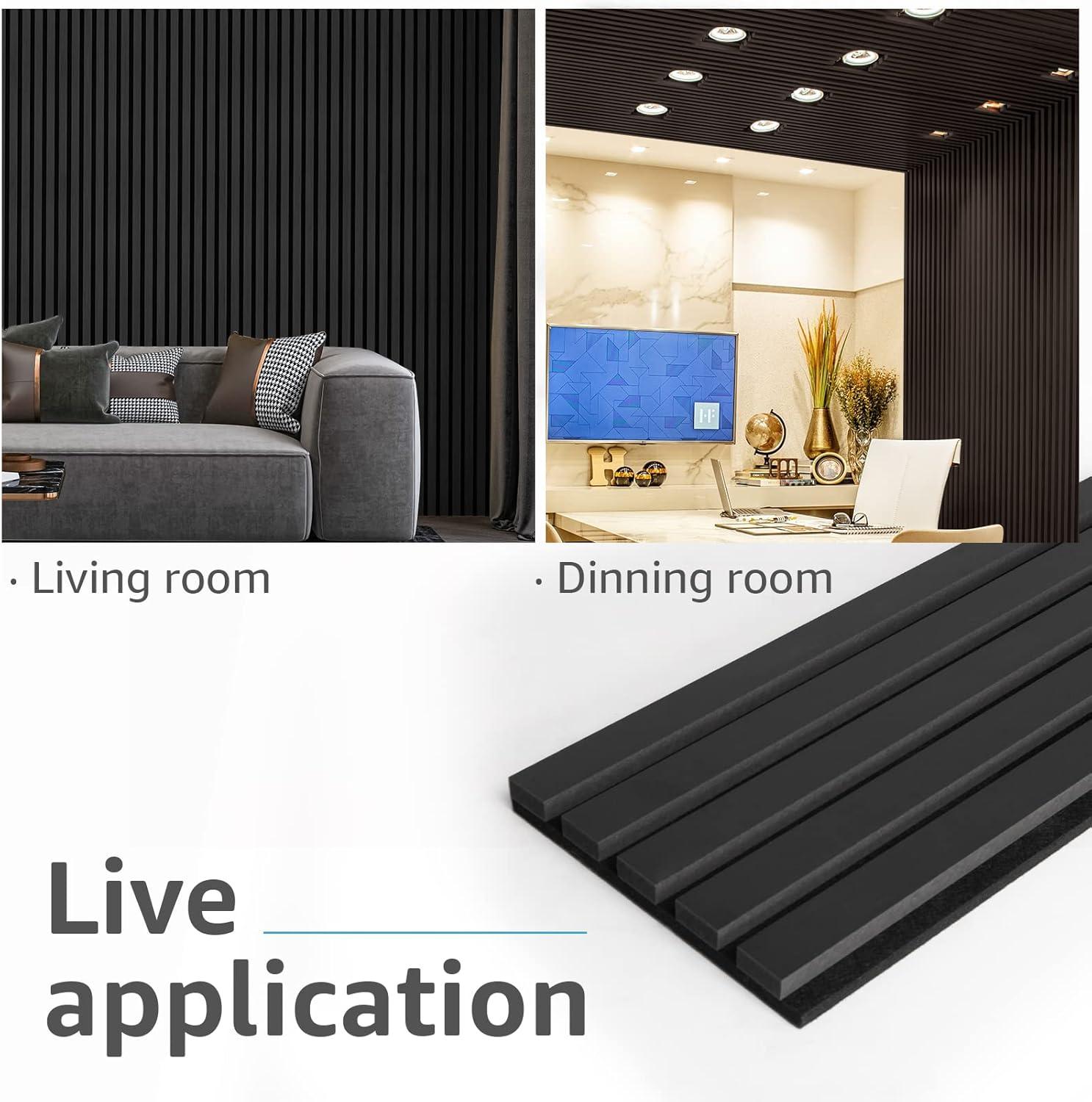 imageArt3d 4Pack 945 x 79 inch Acoustic Wood Slat Wall Panels for Interior Decor 3D Fluted Sound Absorbing Wood Paneling for Accent Wall Ceiling Kitchen Living Room Bedroom Office Warm TeakMatte Black