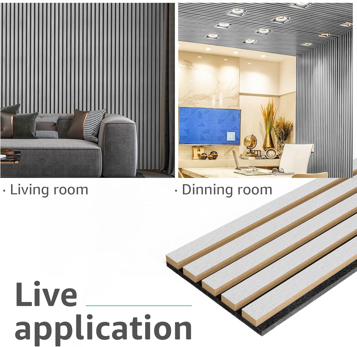 imageArt3d 4Pack 945 x 79 inch Acoustic Wood Slat Wall Panels for Interior Decor 3D Fluted Sound Absorbing Wood Paneling for Accent Wall Ceiling Kitchen Living Room Bedroom Office Warm TeakBrushed Silver