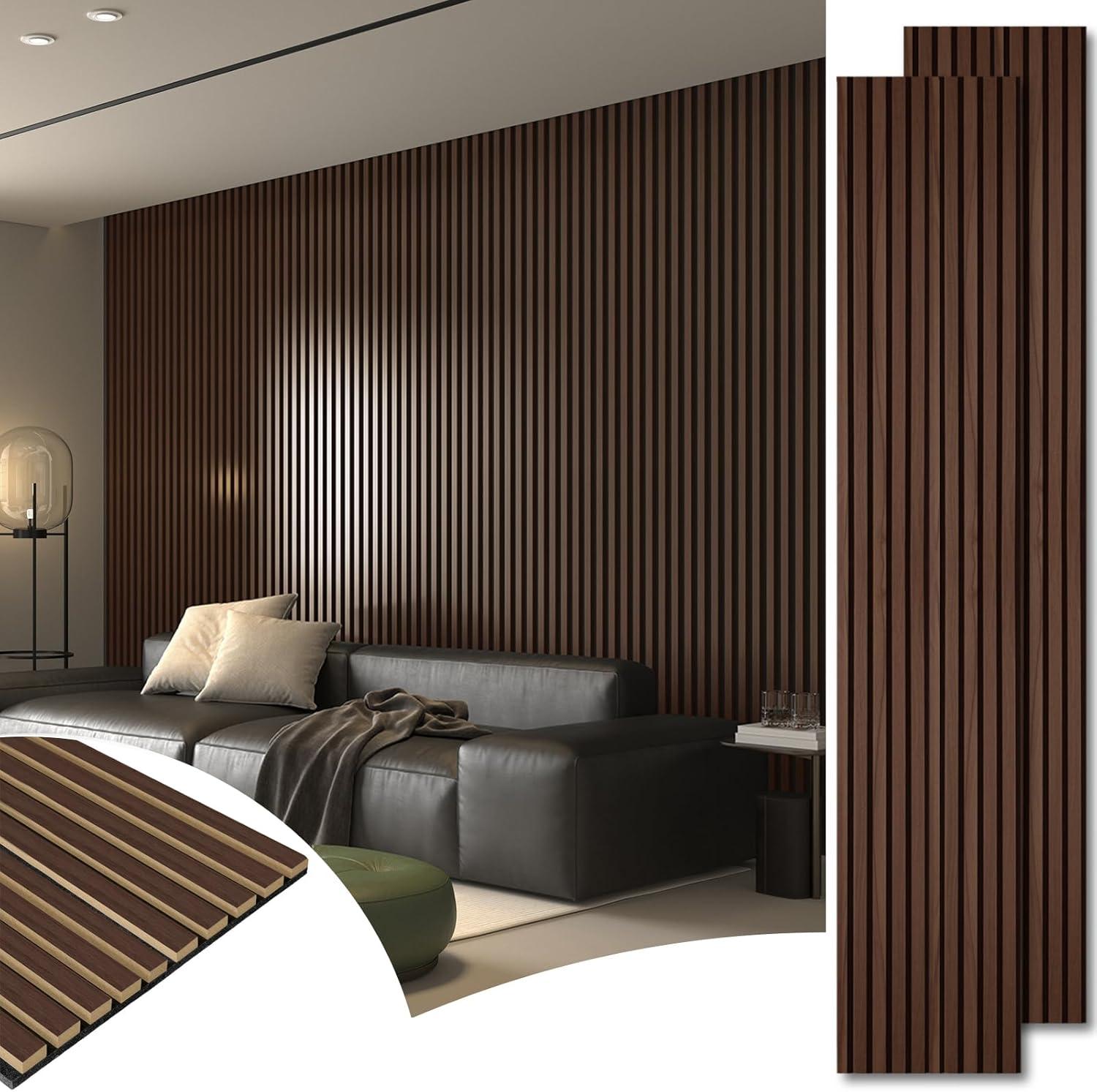 imageArt3d 4Pack 945 x 79 inch Acoustic Wood Slat Wall Panels for Interior Decor 3D Fluted Sound Absorbing Wood Paneling for Accent Wall Ceiling Kitchen Living Room Bedroom Office Warm TeakDark Walnut