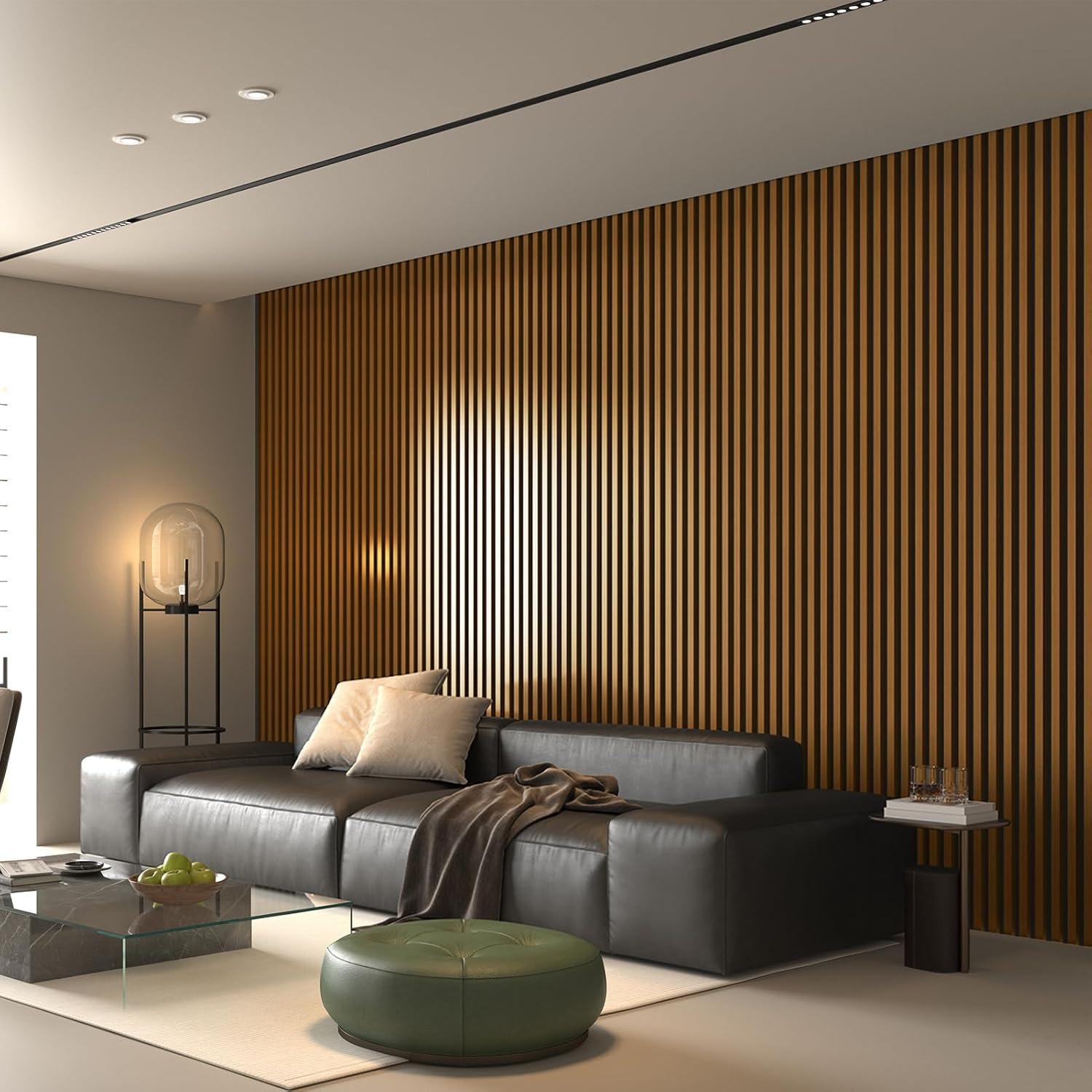 imageArt3d 4Pack 945 x 79 inch Acoustic Wood Slat Wall Panels for Interior Decor 3D Fluted Sound Absorbing Wood Paneling for Accent Wall Ceiling Kitchen Living Room Bedroom Office Warm TeakTeak