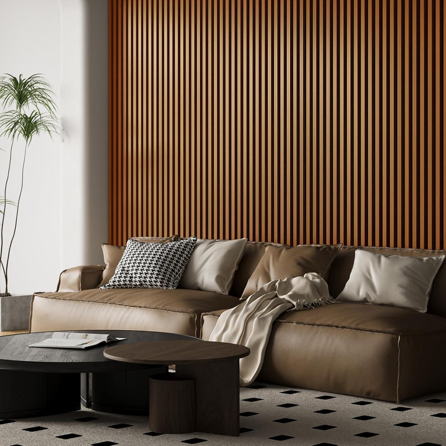imageArt3d 4Pack 945 x 79 inch Acoustic Wood Slat Wall Panels for Interior Decor 3D Fluted Sound Absorbing Wood Paneling for Accent Wall Ceiling Kitchen Living Room Bedroom Office Warm TeakTeak