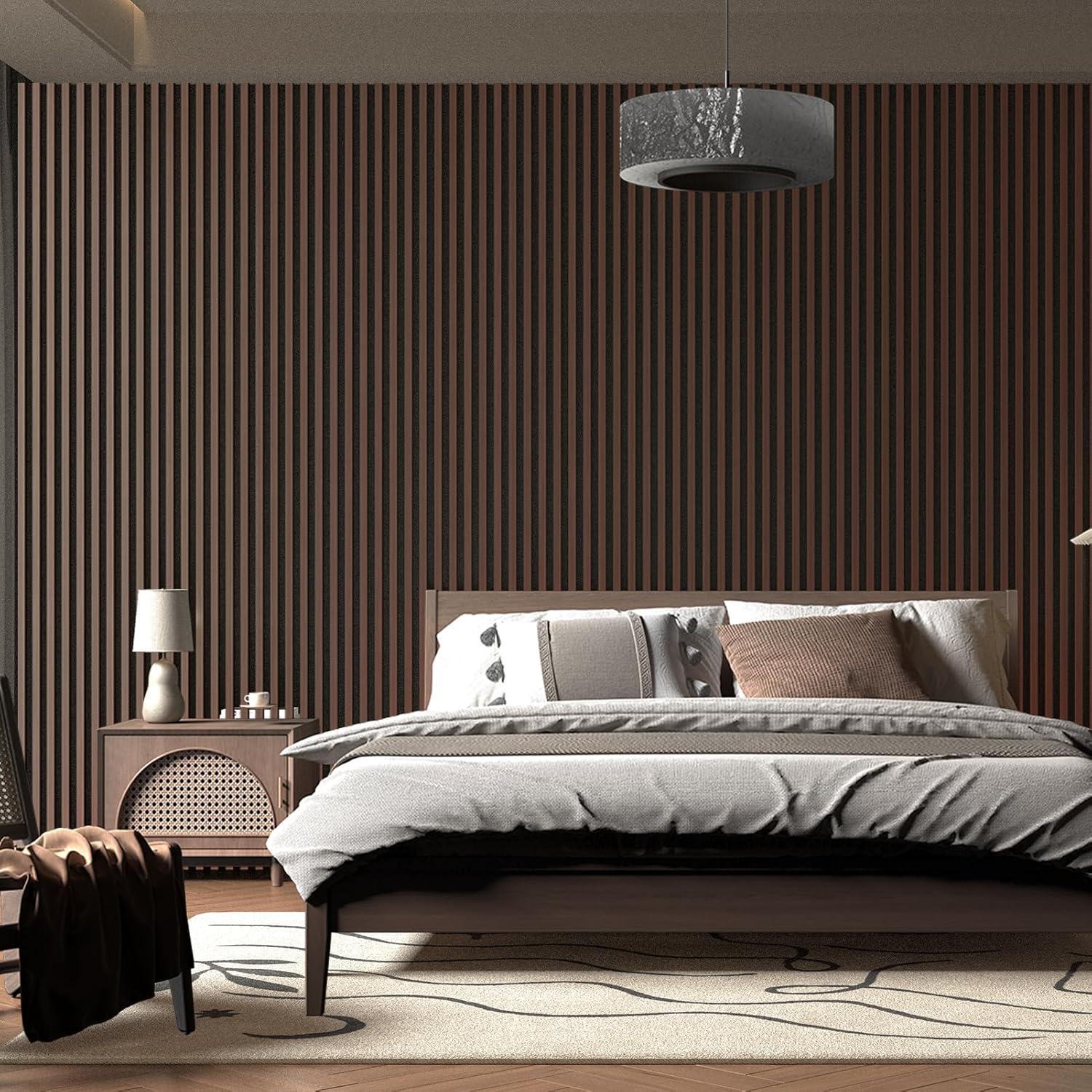 imageArt3d 4Pack 945 x 79 inch Acoustic Wood Slat Wall Panels for Interior Decor 3D Fluted Sound Absorbing Wood Paneling for Accent Wall Ceiling Kitchen Living Room Bedroom Office Warm TeakDark Walnut