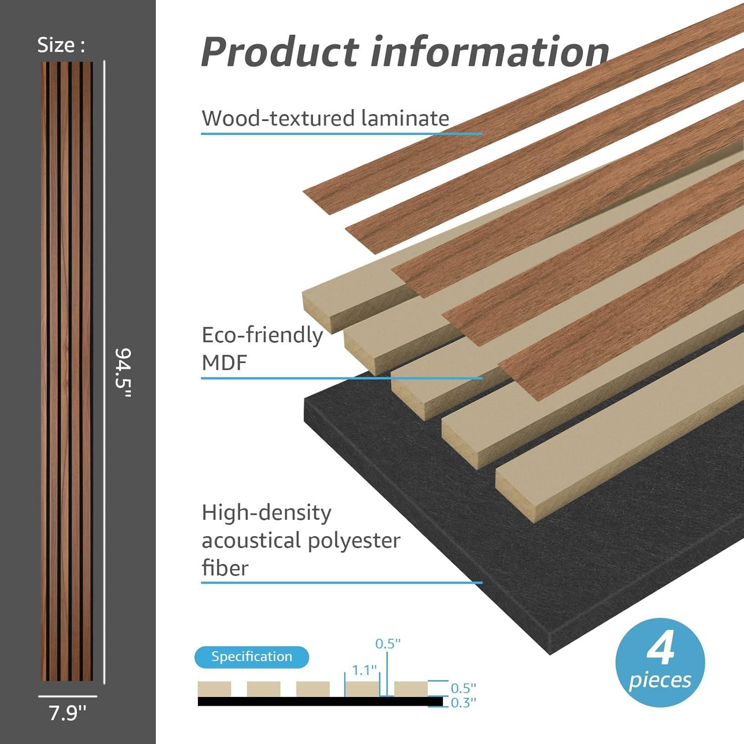 imageArt3d 4Pack 945 x 79 inch Acoustic Wood Slat Wall Panels for Interior Decor 3D Fluted Sound Absorbing Wood Paneling for Accent Wall Ceiling Kitchen Living Room Bedroom Office Warm TeakWalnut