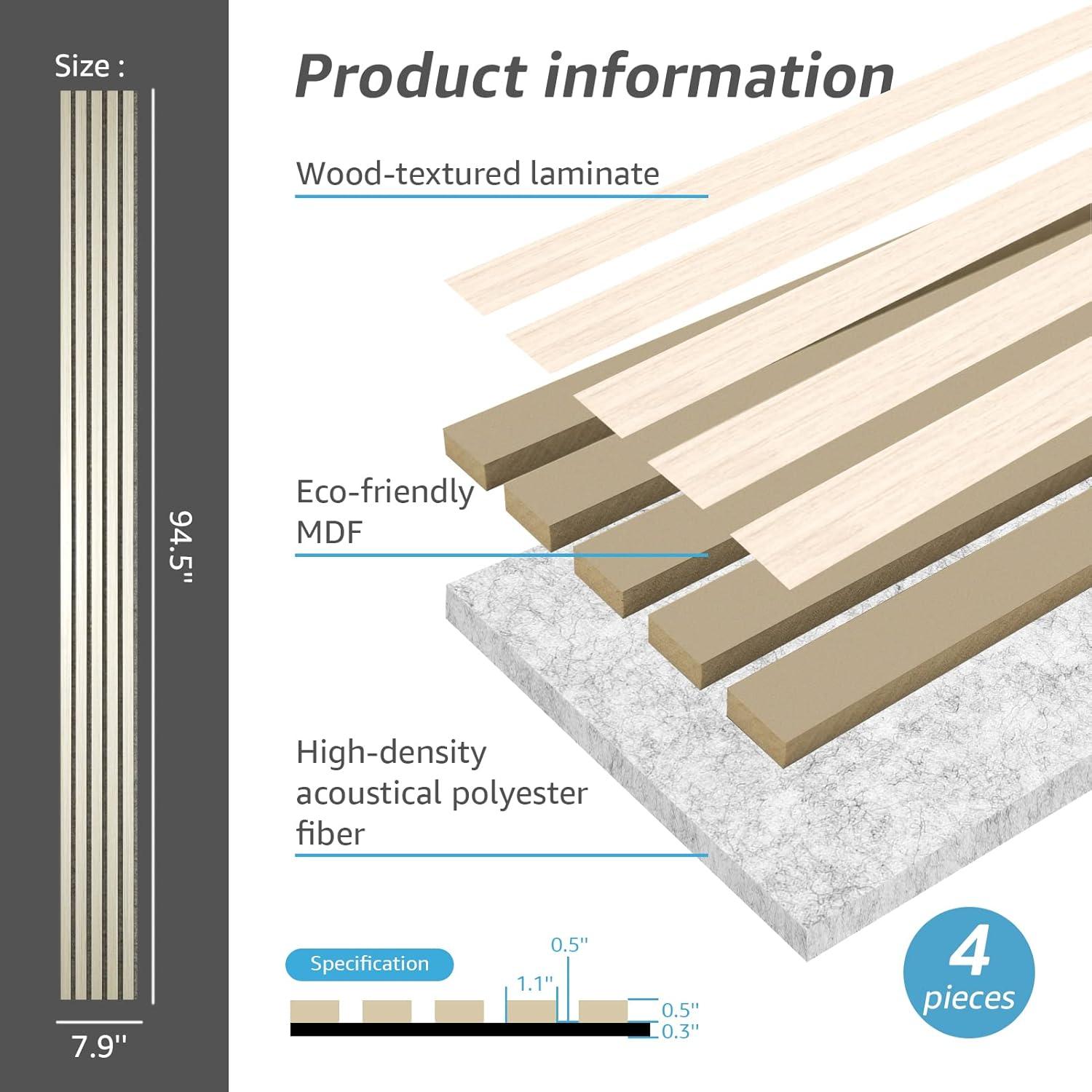 imageArt3d 4Pack 945 x 79 inch Acoustic Wood Slat Wall Panels for Interior Decor 3D Fluted Sound Absorbing Wood Paneling for Accent Wall Ceiling Kitchen Living Room Bedroom Office Warm TeakWhite Elm