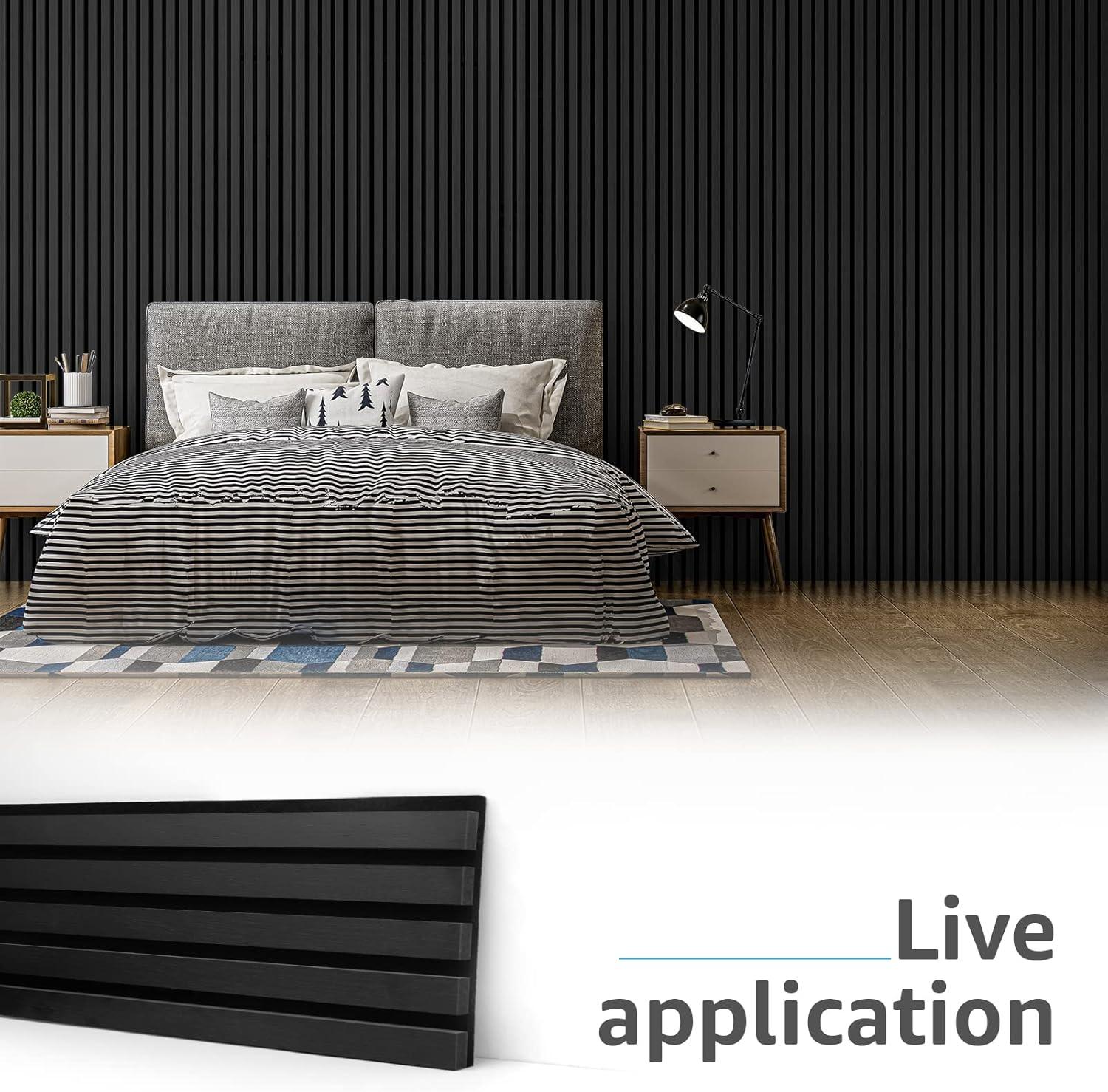imageArt3d 4Pack 945 x 79 inch Acoustic Wood Slat Wall Panels for Interior Decor 3D Fluted Sound Absorbing Wood Paneling for Accent Wall Ceiling Kitchen Living Room Bedroom Office Warm TeakMatte Black
