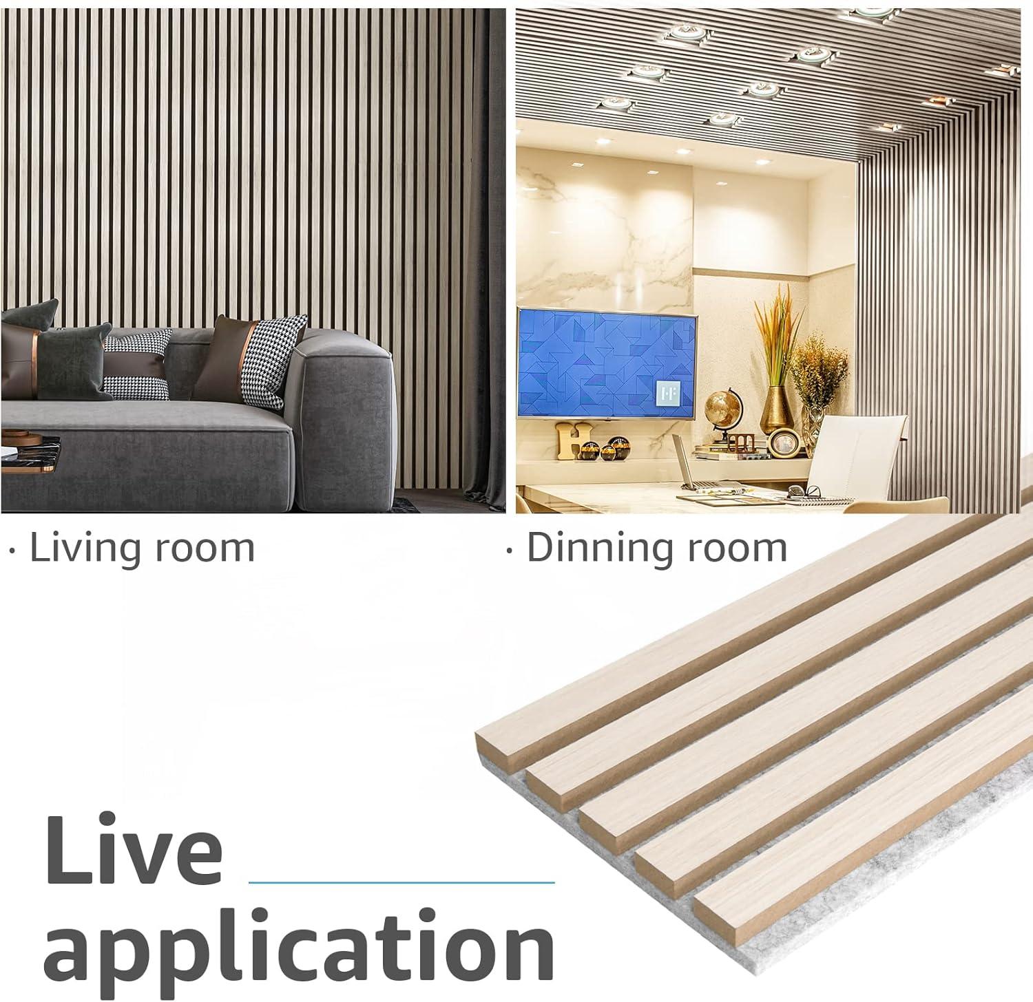 imageArt3d 4Pack 945 x 79 inch Acoustic Wood Slat Wall Panels for Interior Decor 3D Fluted Sound Absorbing Wood Paneling for Accent Wall Ceiling Kitchen Living Room Bedroom Office Warm TeakWhite Elm