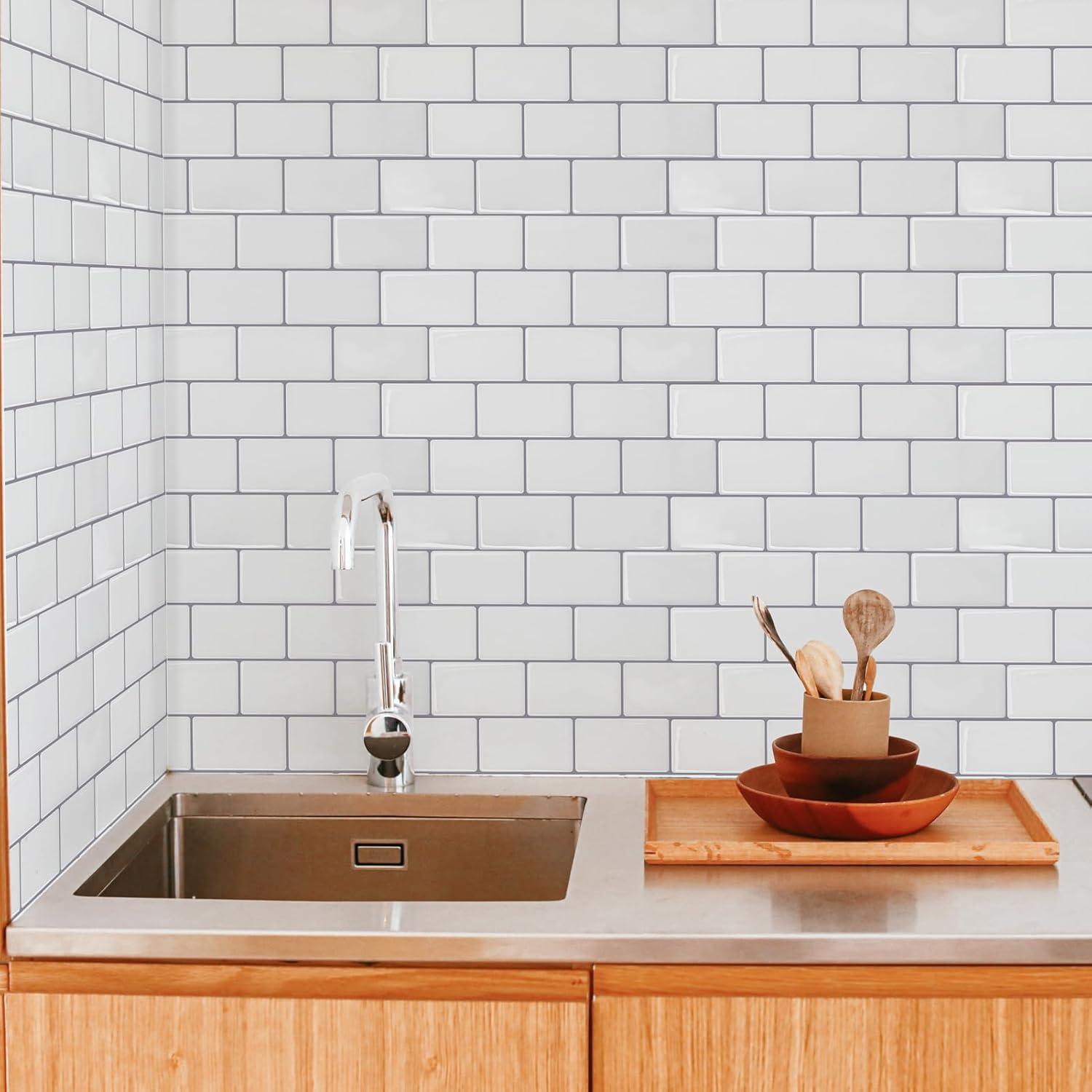 imageArt3d Backsplash Tile for Kitchen Peel and Stick 10Sheet Stick on Subway Tiles for Kitchem Bathroom Back Splashes 12quotx12quot Warm White with Gray Grout