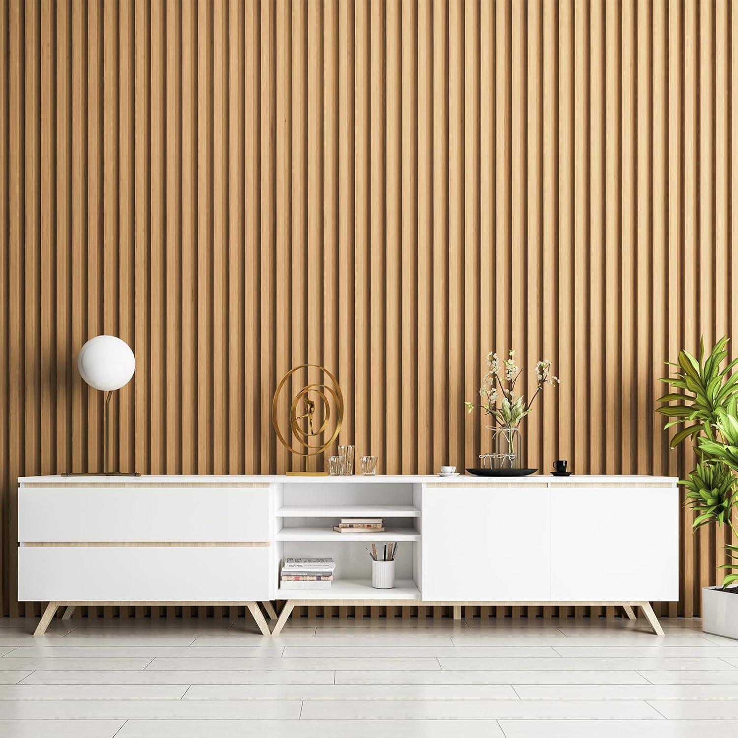 imageArt3d Slat Wood Wall Paneling for Interior and Ceiling Decoration  Pack of 4pcs  1pc EndTrim Size 108 x 57in OakNatural WoodRectangle